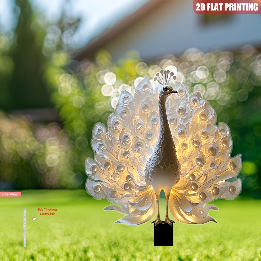 E-shop 2D Flach, Selbstleuchtender Pfau-Gartenständer - Wetterfeste 2D-Acryl-Dekoration mit Lebendigem Federdesign für Terrasse, Garten & Hof - Ideales