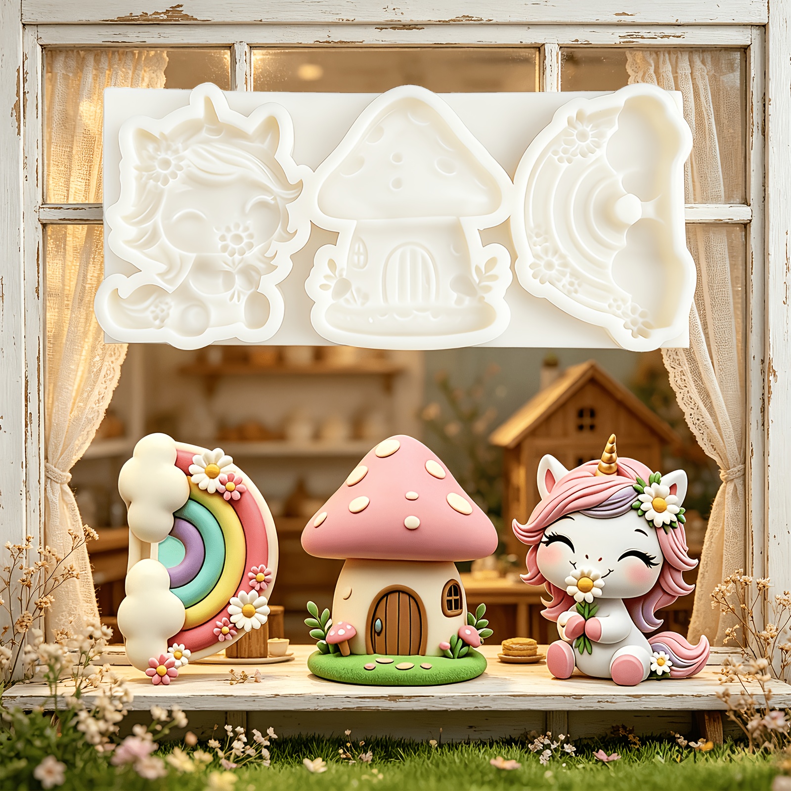 TEMU 1pc Of Mushroom House Chocolate Fondant Mold, Cute Unicorn Candy Silicone Mold, Easy-to--grade, Cream Topping Paste, Pendant Resin Aromatherapy