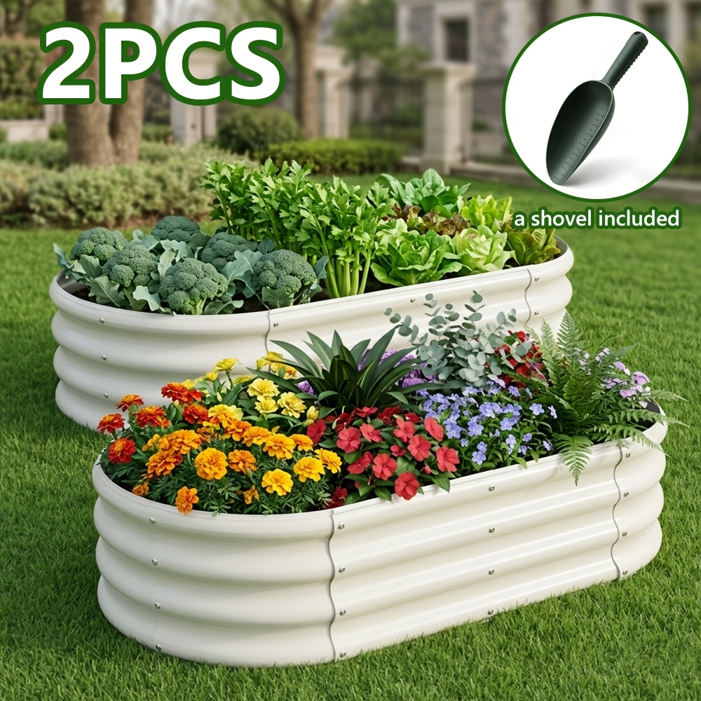 TEMU 2/4pcs Galvanised Raised Garden Bed Kit, Oval Outdoor Planter, Comes With A Trowel And Gloves, Large Metal Planter For Flowers, Plants,