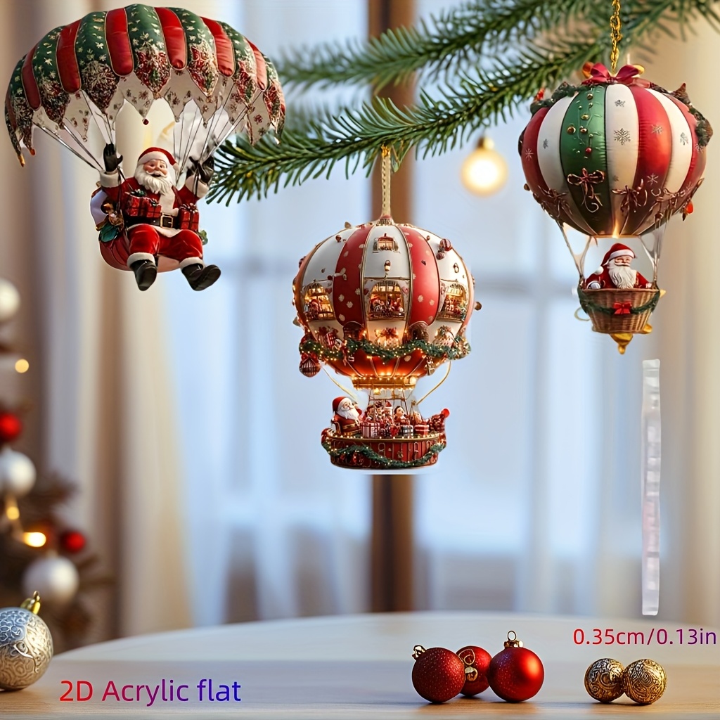 Image of 2d Flat 3pcs Santa Claus In Poses Operating A Parachute 2d Acrylic Flat Pendant, Tree Ornaments, Holiday Party Decorations, Christmas Tree Decorations, Home Decorations, Backpack Ornaments