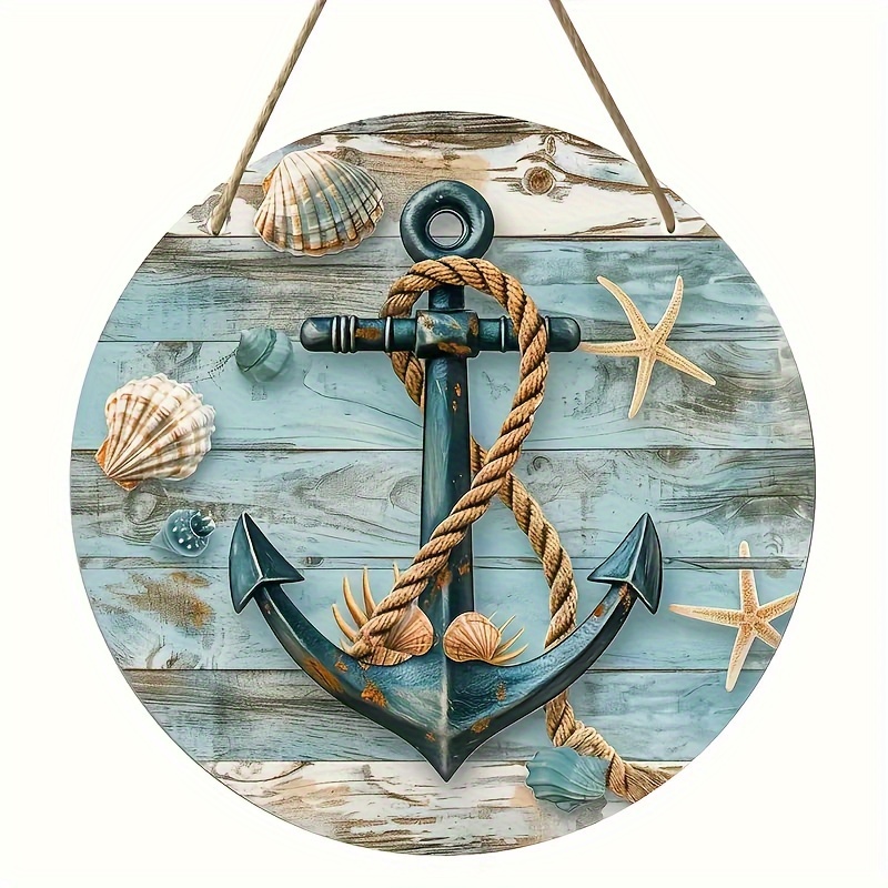 

1pc Nautical Anchor Sign With Shells Wooden Decorative Hanging Plaque - Versatile Wall Art For Home, Garden, Door, Living Room, Restaurant, Beach Themed Decor - Indoor And Outdoor Summer Wreath Board