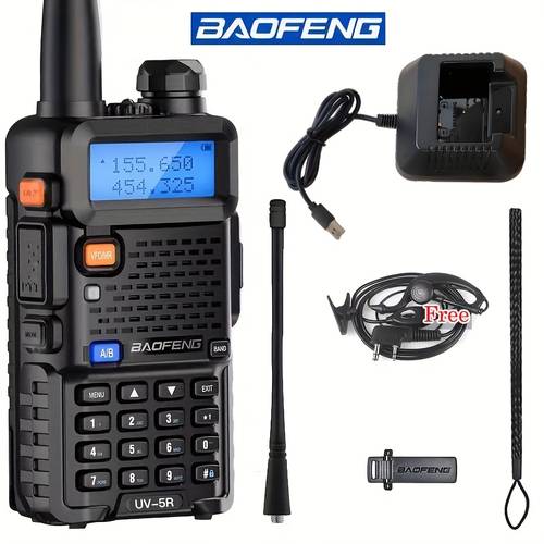 صورة العنصر بافونج راديو هواة ثنائي النطاق 5 ، جهاز اتصال لاسلكي محمول قابل لإعادة الشحن بقوة 5 واط، مزود ببطارية ليثيوم 1800 مللي أمبير وسماعات رأس