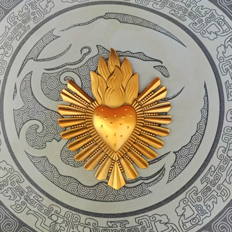 Temu 1Pc Wall Art - Vintage Golden Catholic Heart Sculpture, Burning Heart Decor For Home/Office, Christmas Easter Gift, Gothic Altar Decor No Tools-image