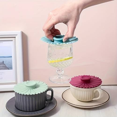 3 pack petal silicone cup lids blue purple light christmas gift for family colleagues friends multi functional sunflower silicone covers for tea and coffee cups dustproof leakproof cup lid cup cover mug cover