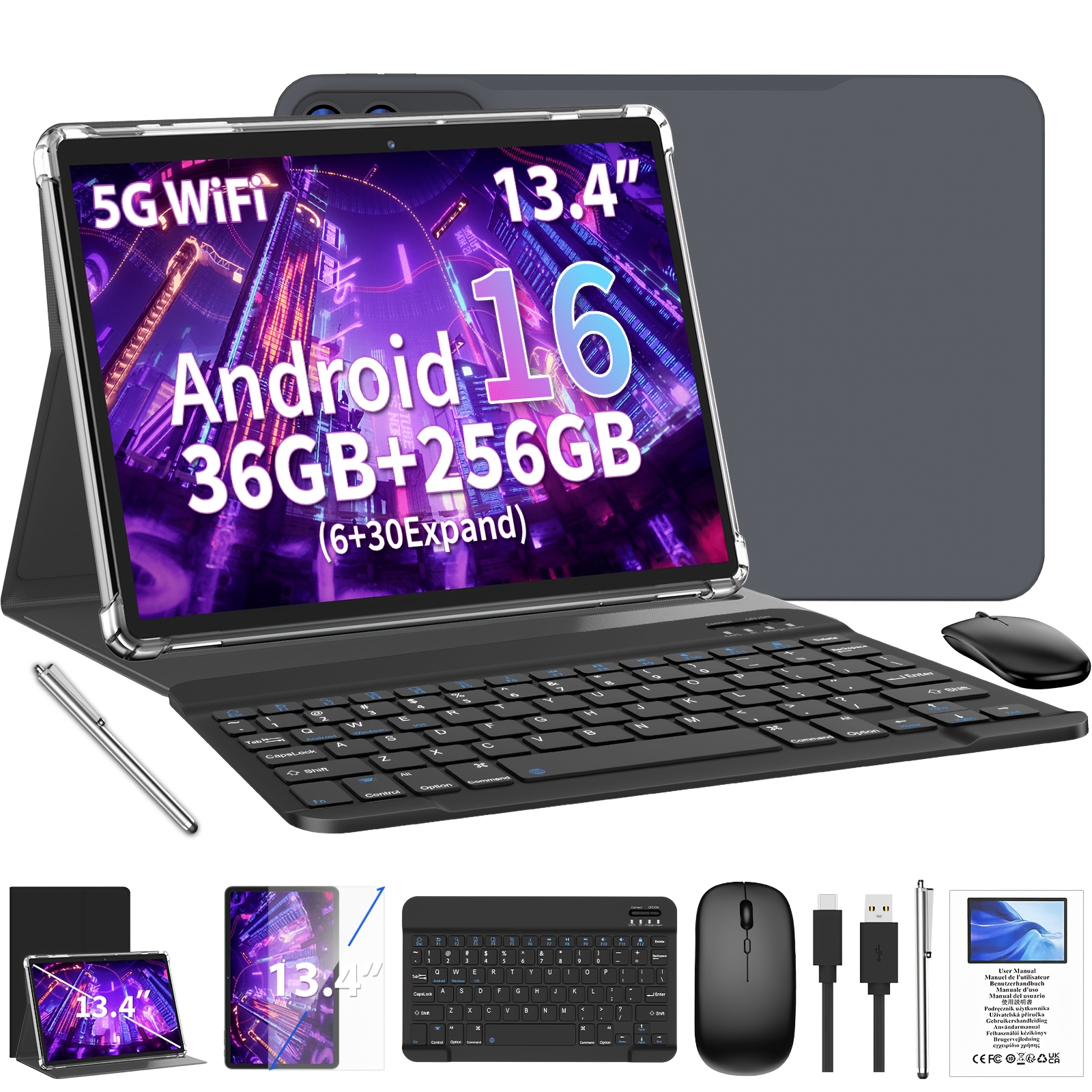 TEMU Tablette 16 de 13,4 pouces, 36 Go de RAM (6 Go + 30 Go) et 256 Go de ROM, -Core, Batterie 10000 mAh, Wifi, avec , Souris fil, Étui & Stylet (Non