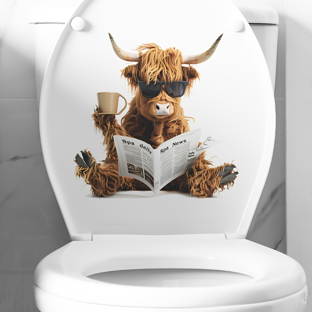 Image of Creative Highland Cow Reading Newspaper Self-adhesive Wall Decal - Bedroom & Bathroom Decor
