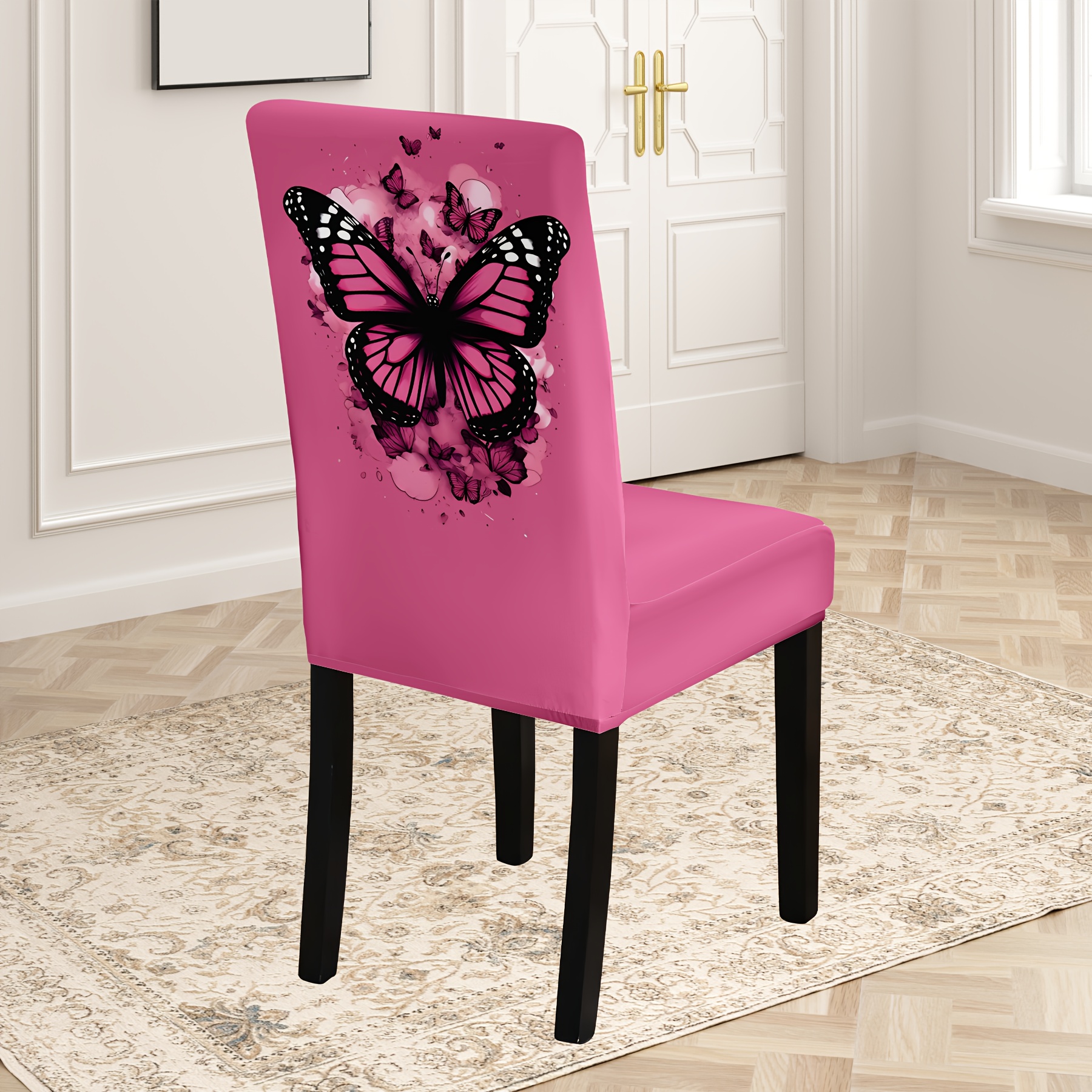 

4/6pcs Rose Red Butterfly Printed Decorative Chair Slipcovers, Suitable For Indoor Home Chair Decoration, Aesthetic Dustproof Dirty Resistant, High Elastic Fabric Washable Machine Washable Not Fade