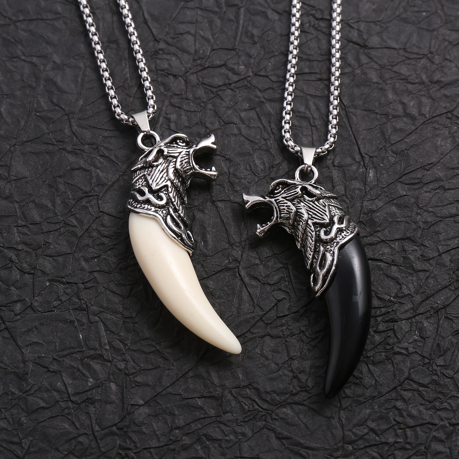 Image of Set Of 2 Vintage Wolf Head Fang Metal Pendant Necklaces, Featuring Wild And . Niche Additions White/ Styles