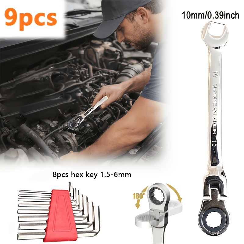 TEMU 9pcs Set (including 1pc Ratchet Wrench And 8pcs Hex Wrenches) Adjustable Head Ratchet Wrench Set, Metric Size, Chrome Vanadium Steel Material,