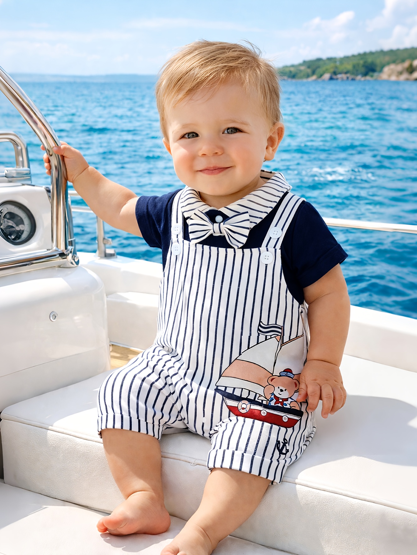 2 komada ljetni nautički   za dječake,   rukavi   + prugaste kratke hlačice, print mornarskog medvjeda, slatka odjeća za bebe za vanjsku upotrebu,   za novorođenčad i bebe, idealno za vanjsku  