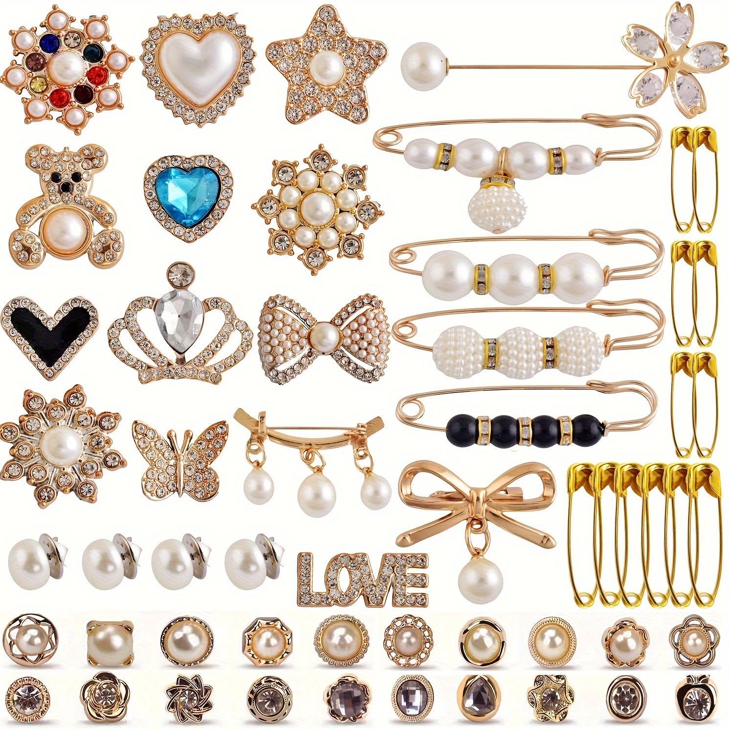 

55-piece Mixed Sock Charms Safety Pin Jewelry Set - Sparkling Brooch Pin Charm Assortment With Pearls And Rhinestones, Decorative Fashion Accessory For Socks, Hats, And Apparel