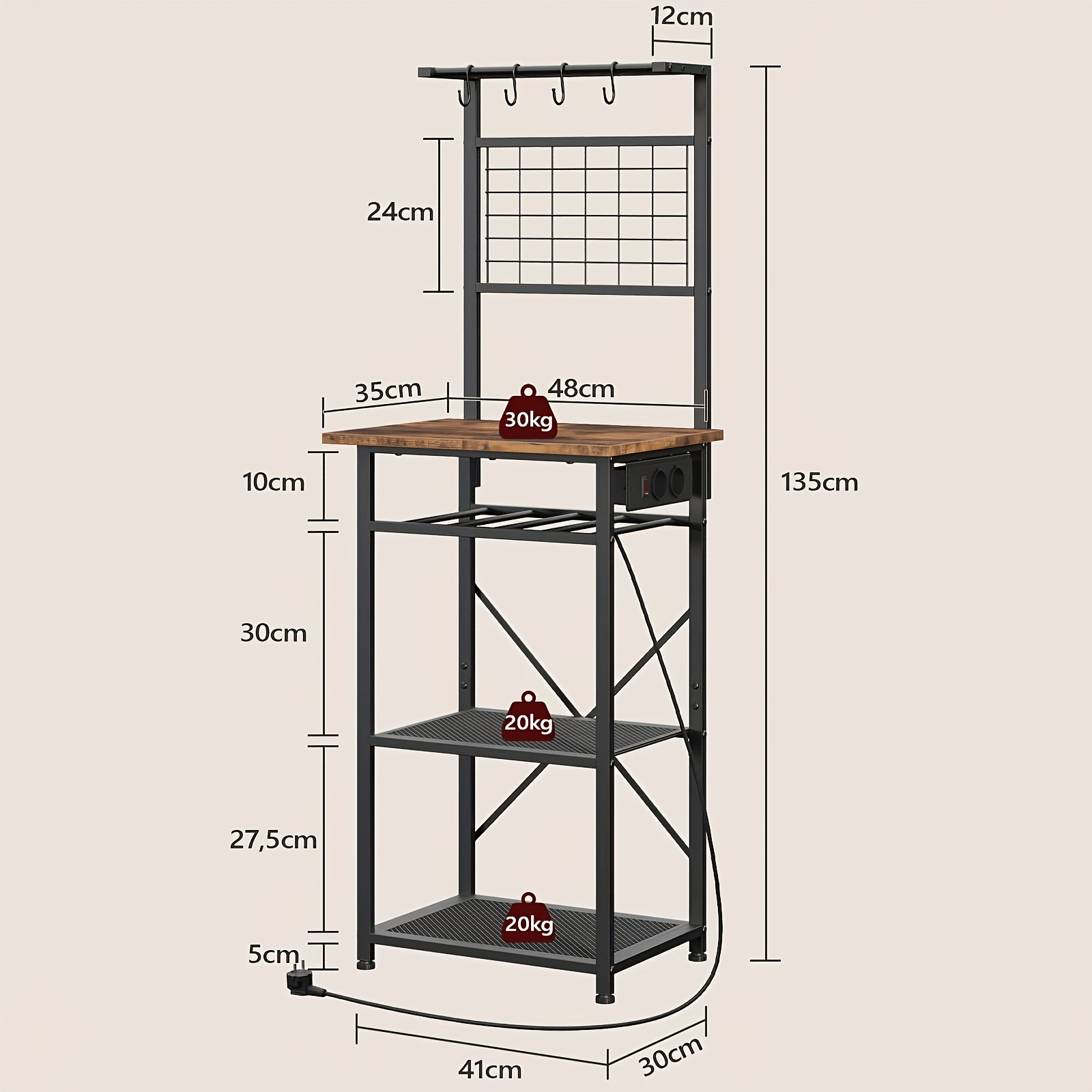 Standing Shelf, 35 X 48 X 135cm, 4 Hooks, Coffee Bar With Bottle Rack And Hooks, And Black, Kitchen Shelf With Socket, Free-standing Shelf, Baking Rack, Standing Shelf
