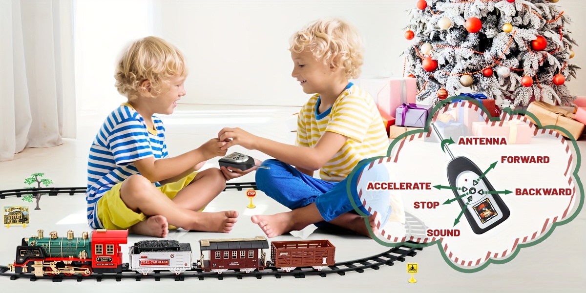 Multi-Item Party Favor Pakcs Christmas Electric Train Set with Steam, Sound And Light, Remote Control Train Toys with Locomotive Engine, Cargo Cars Tracks, Rechargeable Party Toy Train for Kids Boys 3+ Year Old