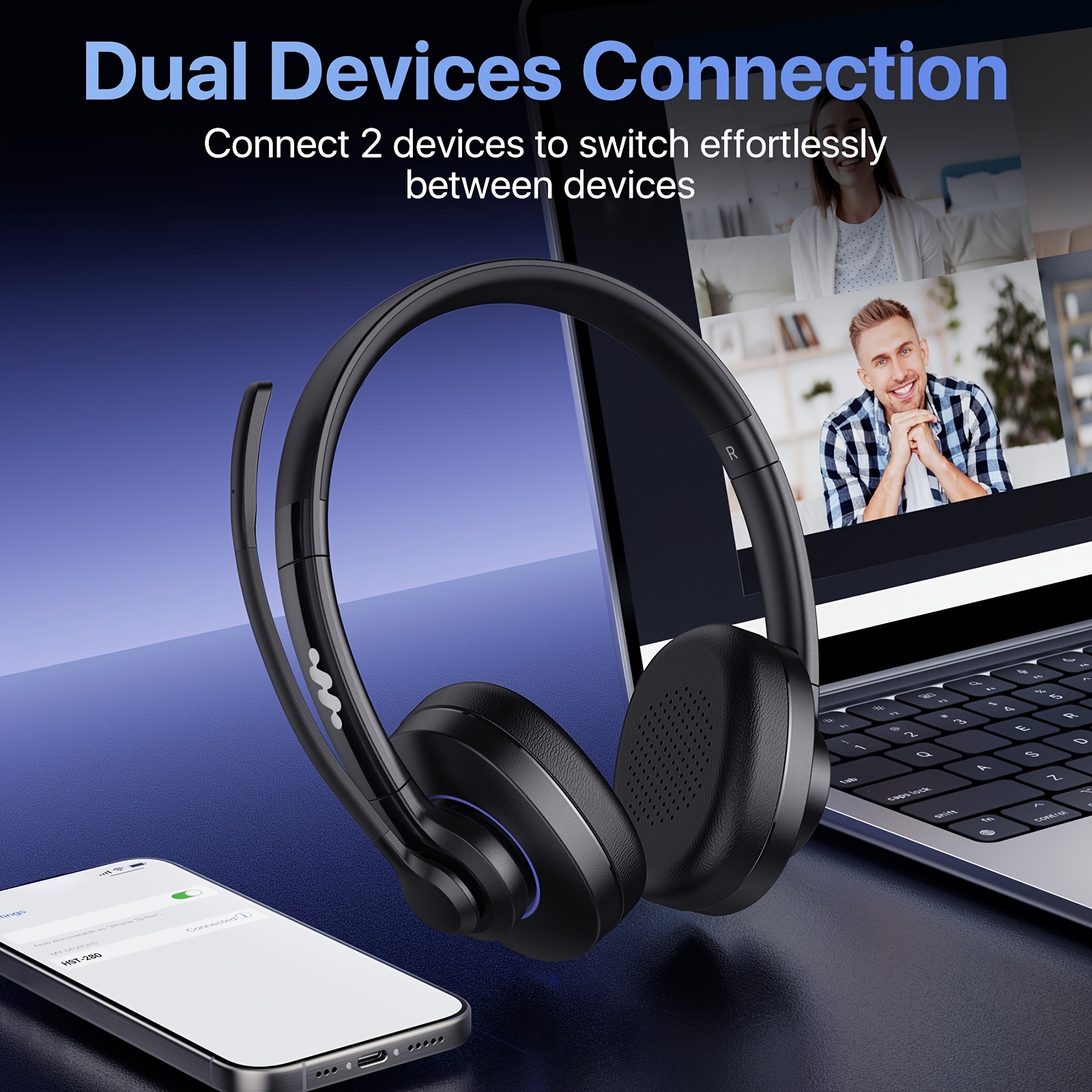 

Wireless Headset, With Noise Cancelling Microphone & Mic Mute, 55hrs Working Time On Ear Bt V5.3 Headphones For Cell Phones Laptop Computer