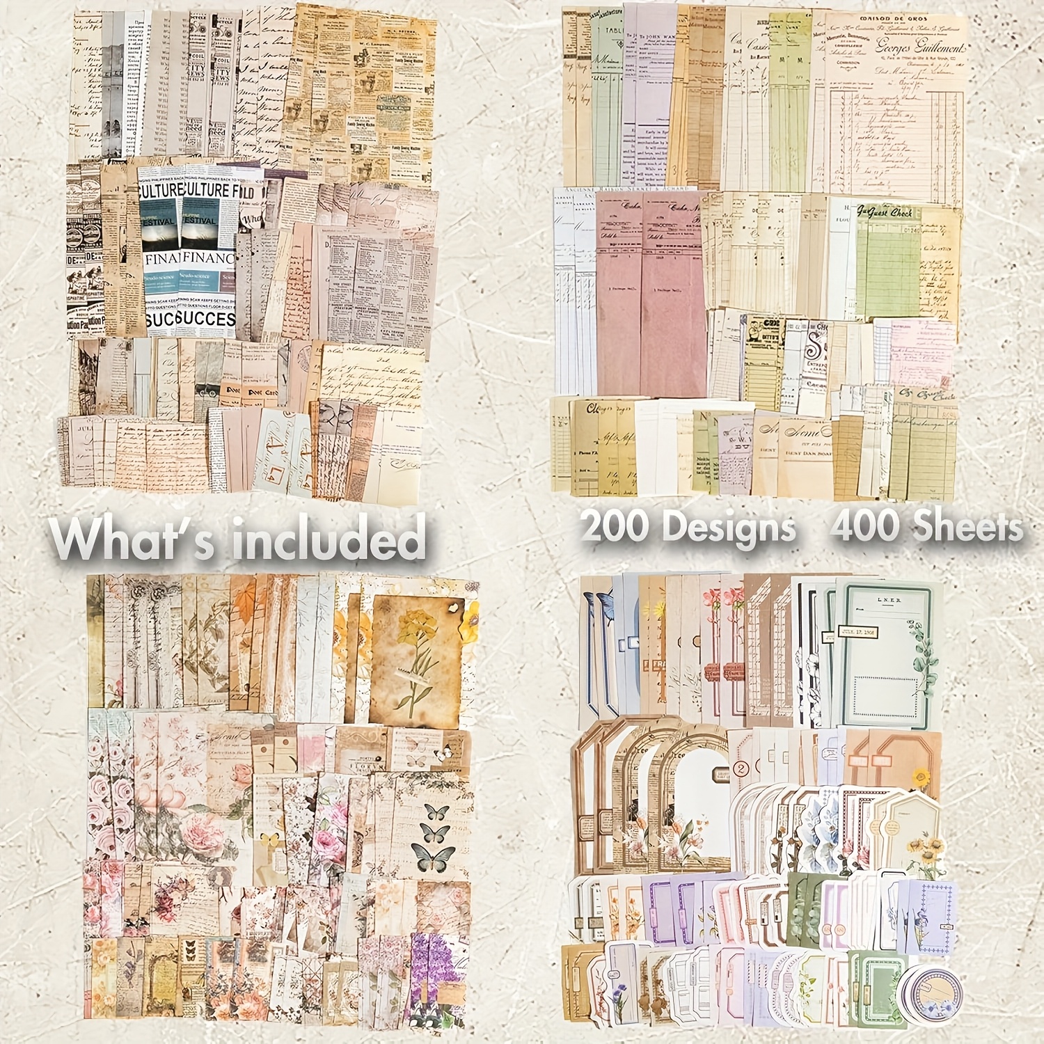 400 Sheets/4 Pack Vintage Paper Kit For Journaling Crafts Planner Junk Journal Supplies Collage Card Album Diy