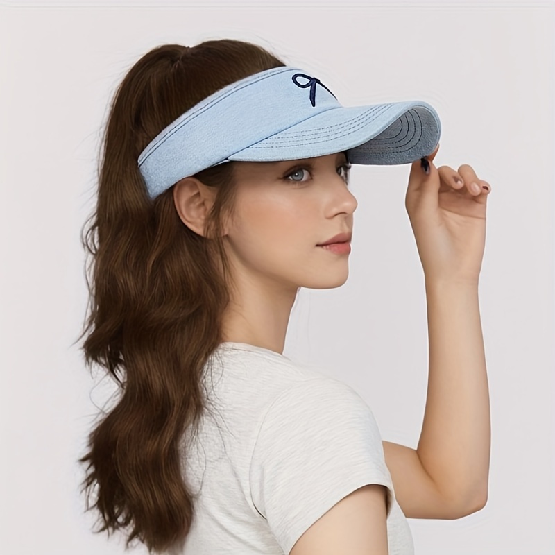 

Women's Fashion Embroidered Bowknot Cotton Visor Hat With Open Top For Sun Protection, Elastic Fit Outdoor Sports Cycling Camping Picnic Cap, Denim Sun Visor With Heavy-duty Embroidery Craftsmanship