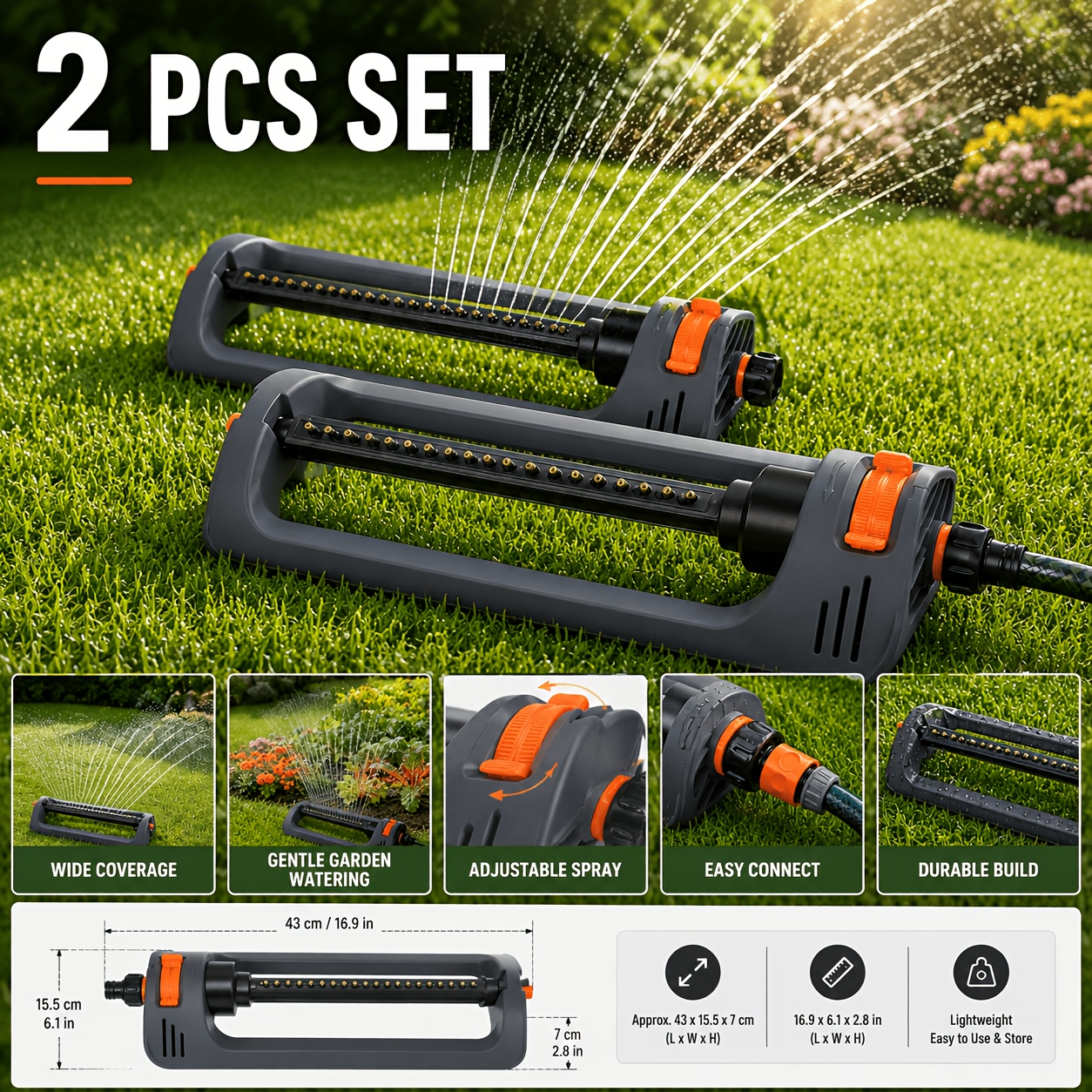 TEMU Yobecon 2pcs Oscillating Sprinkler Adjustable 360° Spray Pattern Wide Coverage Water Distribution Durable Weatherproof Garden Sprinkler To
