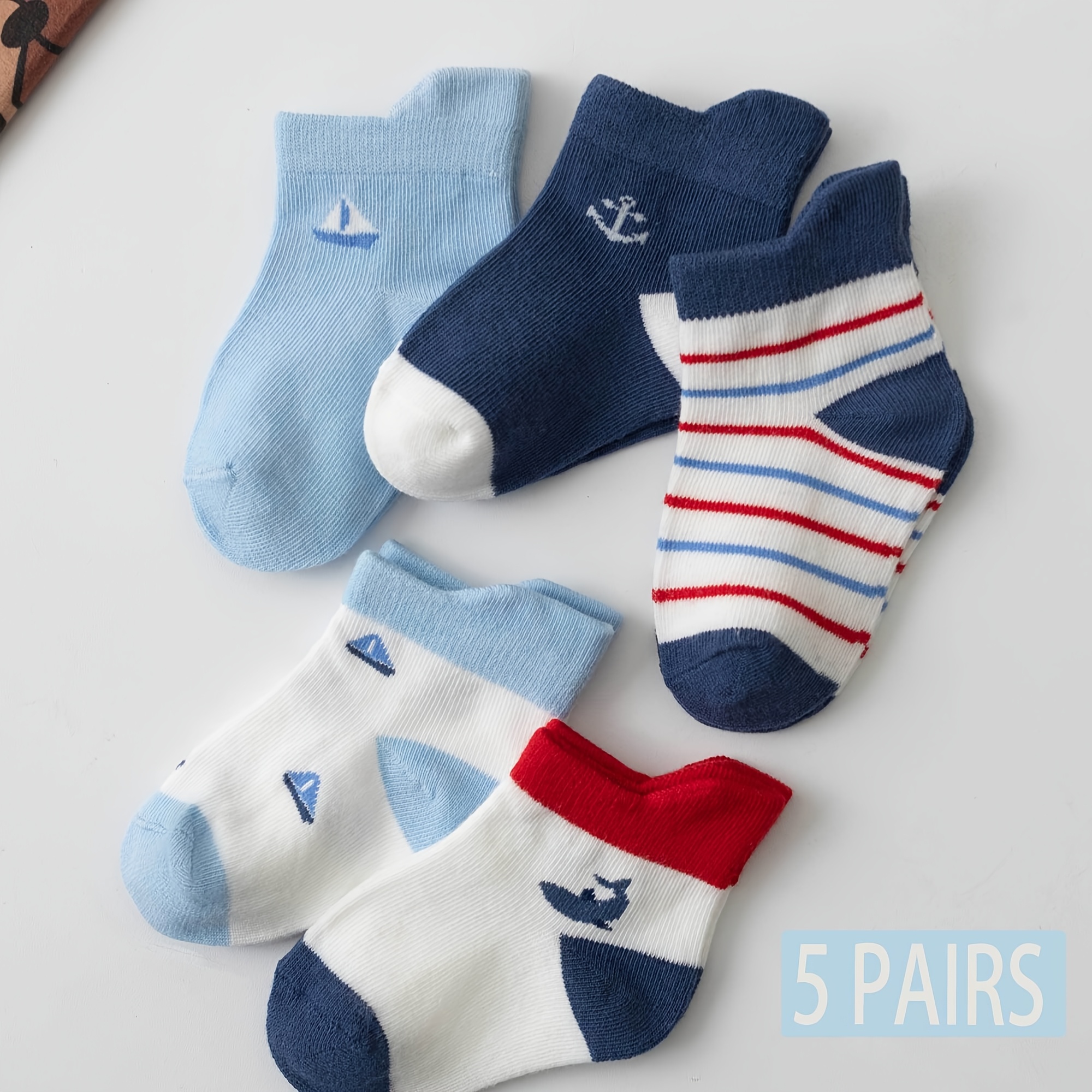 Image of 5-pair Ocean-themed Children's Socks, Suitable For Daily Children Under 3 Years Old, Unisex Children's Socks, Breathable, Moisture-wicking, Comfortable, And Soft