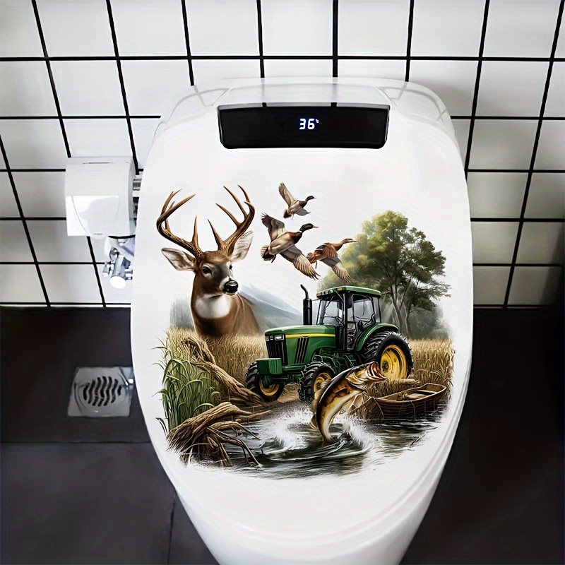 

Country Deer And Tractor-themed Self-adhesive Toilet Lid Decal, Animal Print, Semi-glossy Finish, For Ceramic Surfaces, One-piece Single Use Decoration Sticker For Bathroom Toilet Tank And Wall