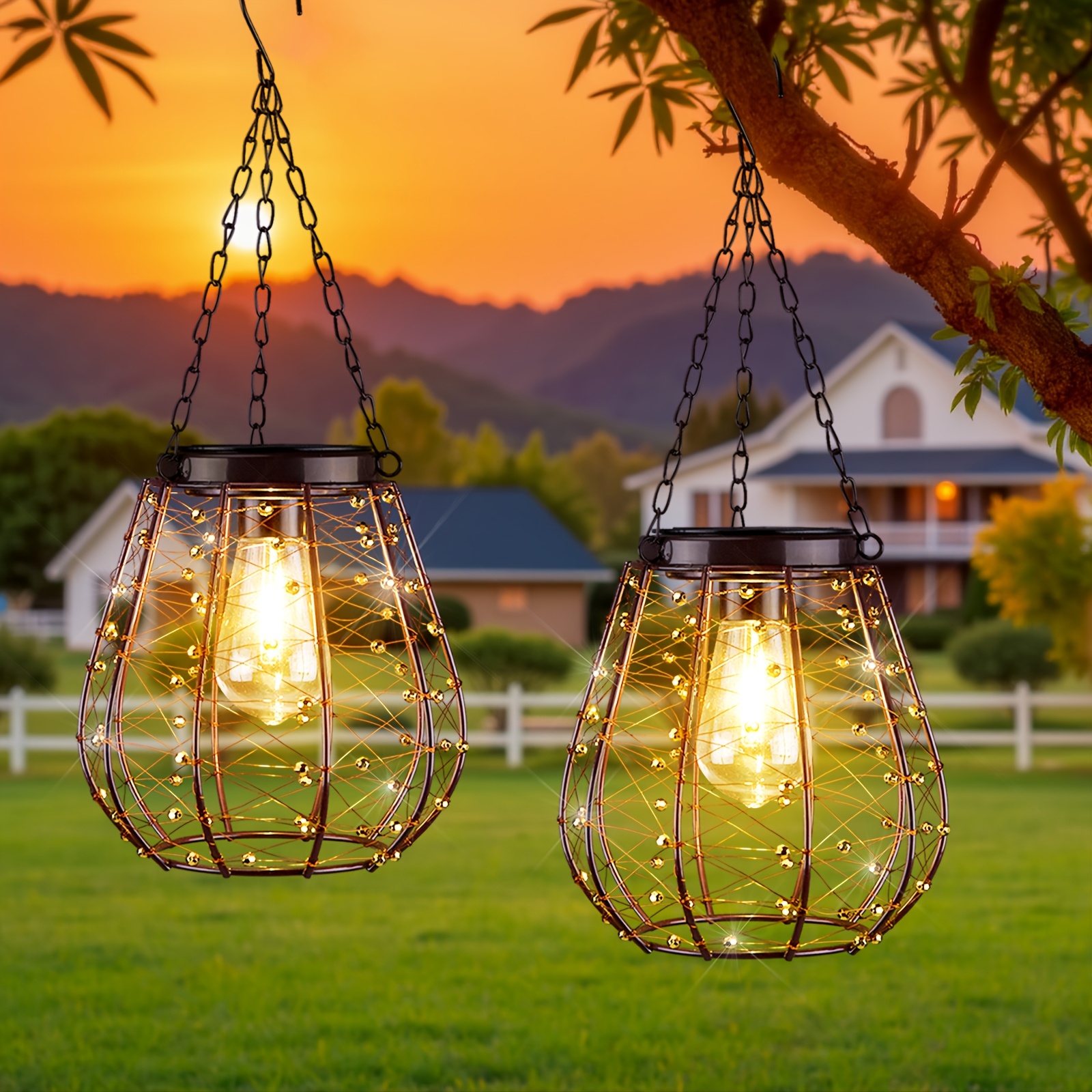 TEMU 2pcs Hanging Solar Lantern Lights, Solar Chandelier Outdoor Vintage Copper Outdoor Hanging Lights For Outside Gazebo, Pergola, Porch, Yard,