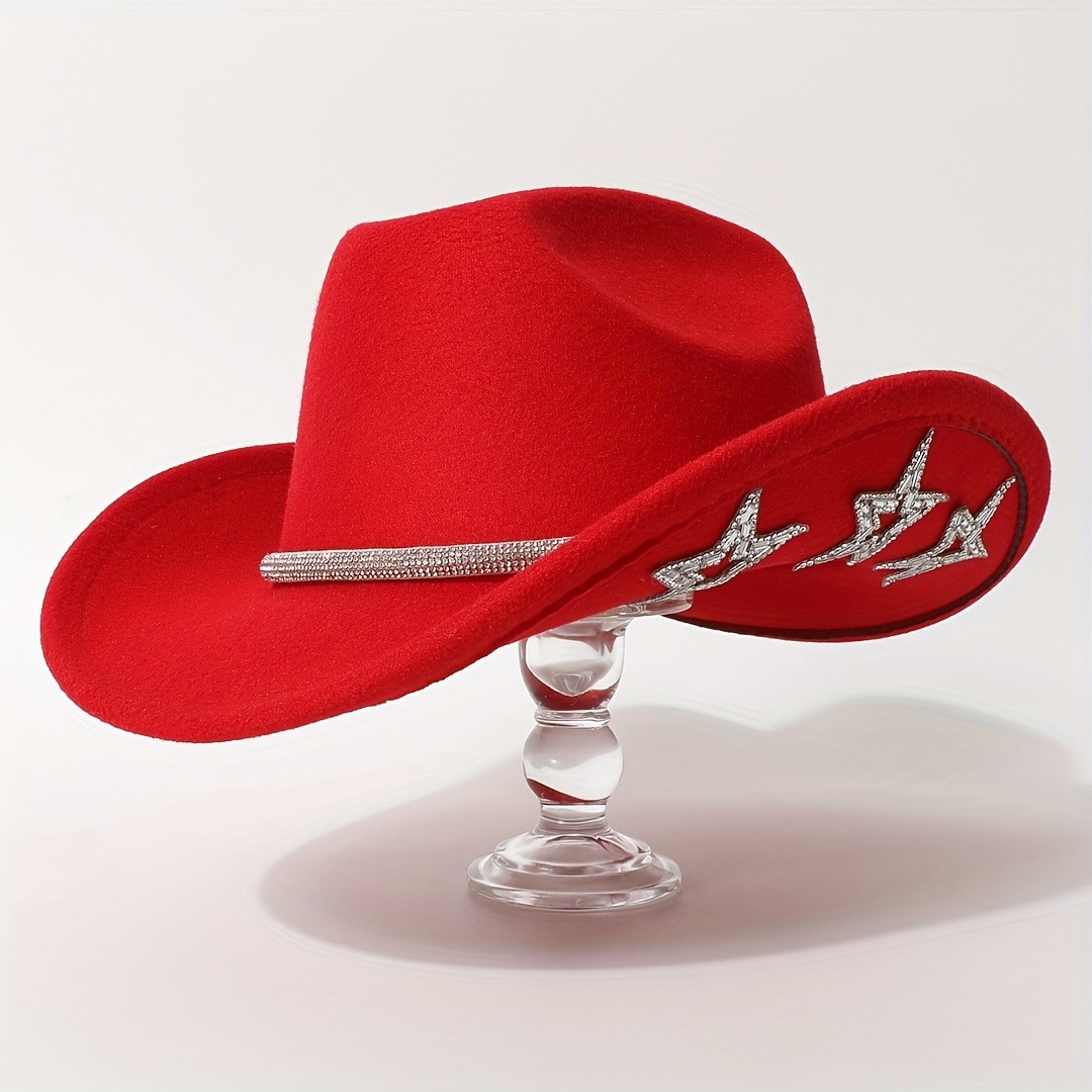 TEMU Hat Men's Hat, Fashionable Solid -word Top Brim Felt Hat, With Of Sparkling Diamond Thin Waistband Contrasting Color, With Side Star Decoration,