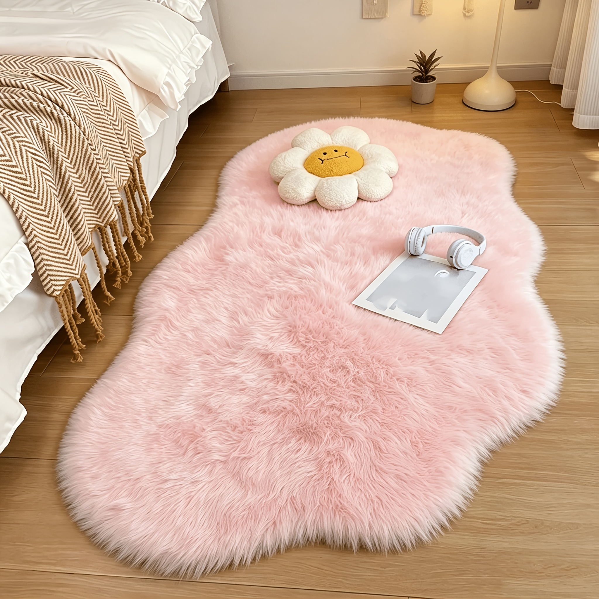 TEMU A Plush Material Irregularly Shaped Solid-color Floor Mat, A Fluffy And -style Decorative Rug For Home Use In Indoor Living Rooms, Bedrooms,