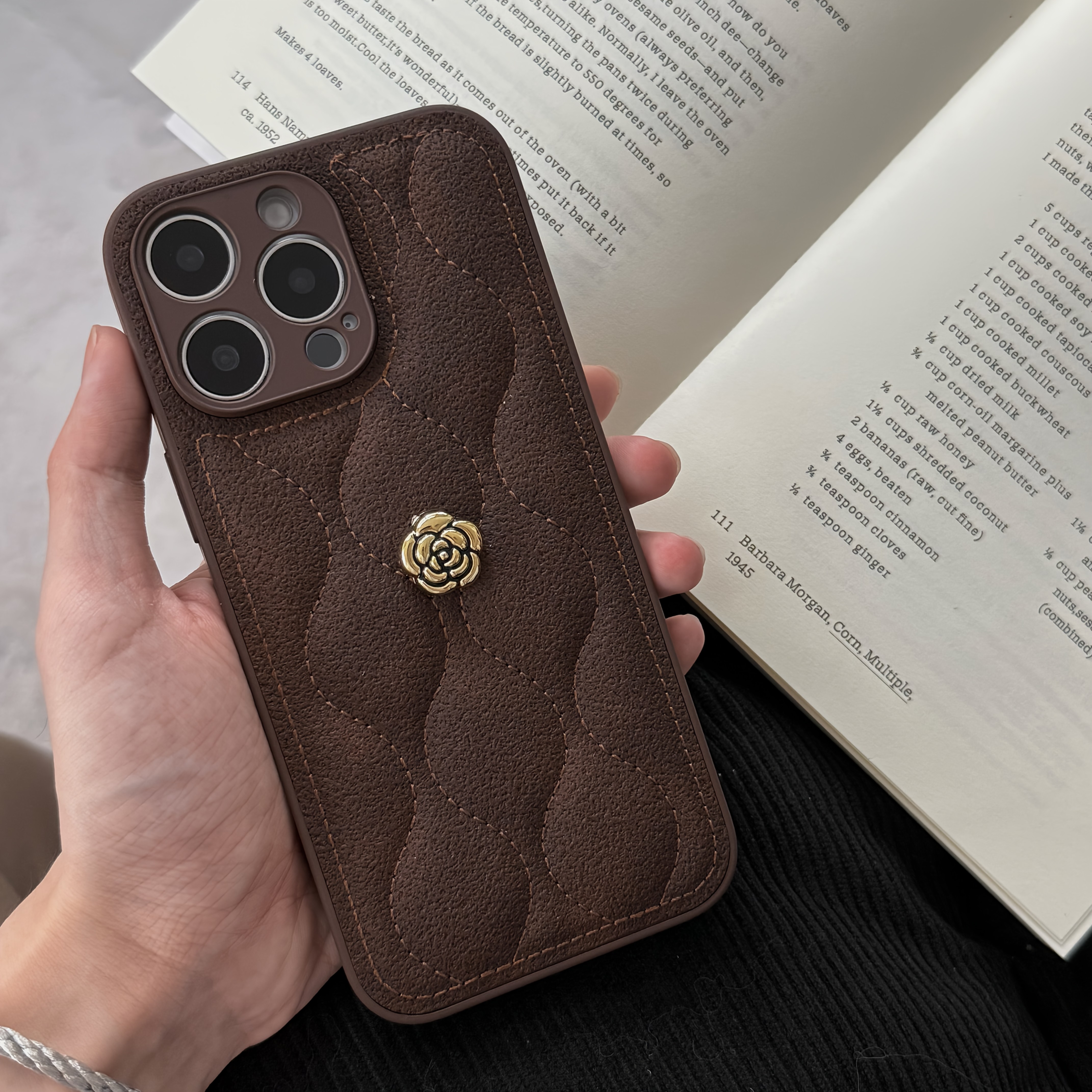 TEMU Phone Case - Dark Brown Meteorite Patterned Down Jacket Phone Case With Camellia Decoration, Compatible With For Iphone 17 Pro Max/iphone 16 Pro
