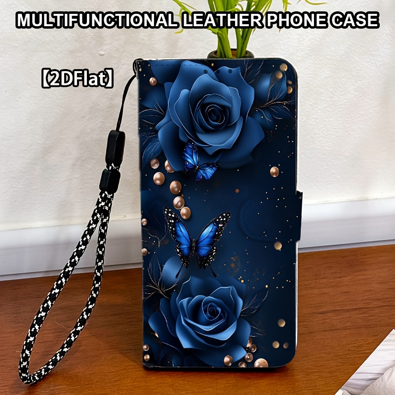 TEMU Phone Case: Blue Chasing Roses Pattern Wallet Case, Magnetic Snap Flip Cover, Full-body Drop-proof Foldable Phone Case, Suitable For Galaxy