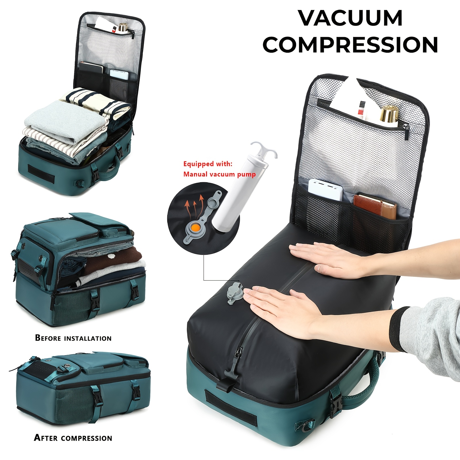 Business Men'S Vacuum Compression Backpack | Multi-functional Shoulder/Handbag, Laptop Compartment, Includes Pump, Ideal for Camping, Hiking, Daily Commute, Foldable, Lightweight, Peacock