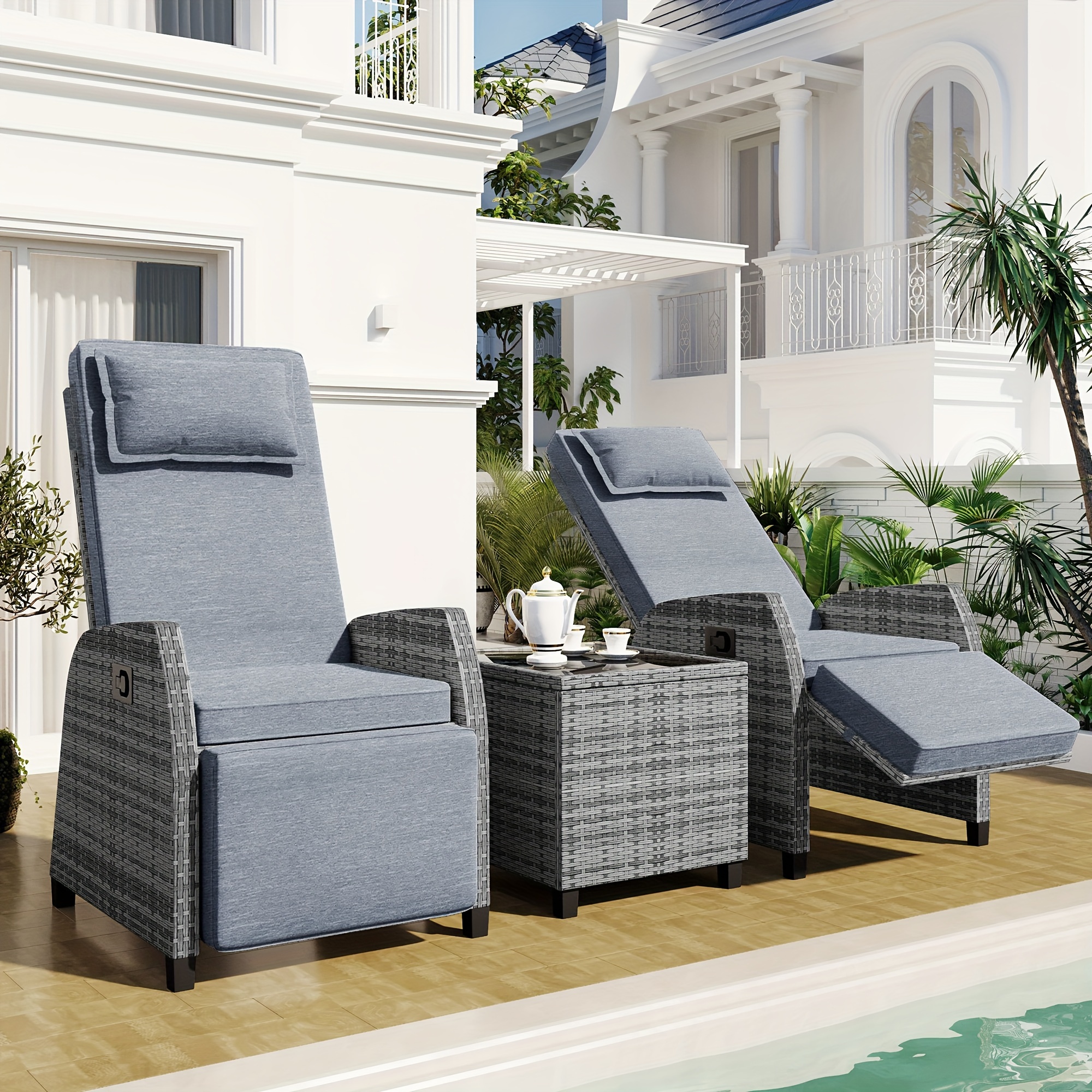 

3-piece Outdoor Rattan Combination Set With Adjustable Lounge Chair And Coffee Table, Suitable For Patios, Swimming Pools, And Balconies