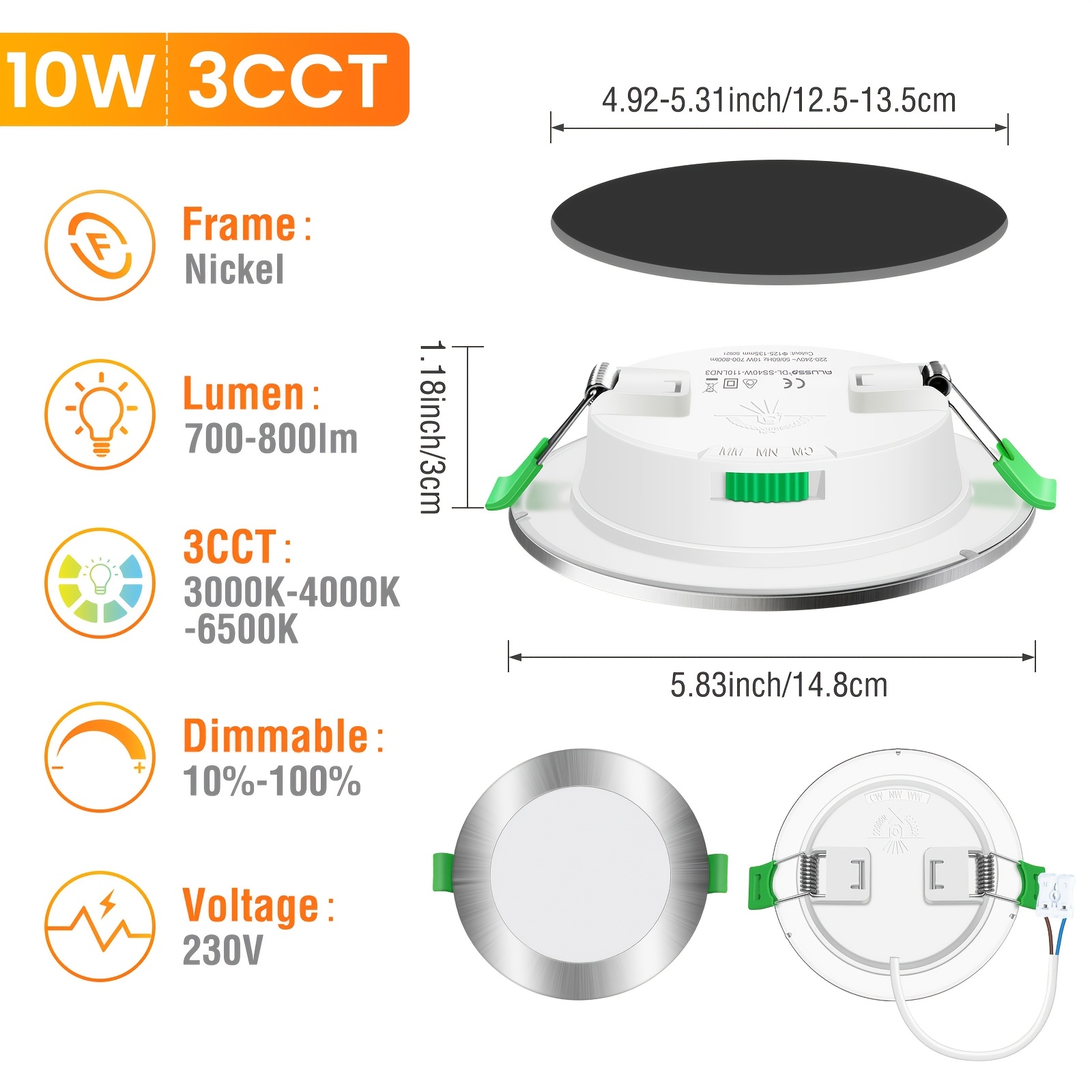 6pcs Alusso Led Recessed Spotlights, 230v, Ultra-flat, Dimmable Ceiling Spotlights, 10 W, 125mm-135mm, Warm/neutral/cool White, Adjustable, For Bedroom, Kitchen, Living Room