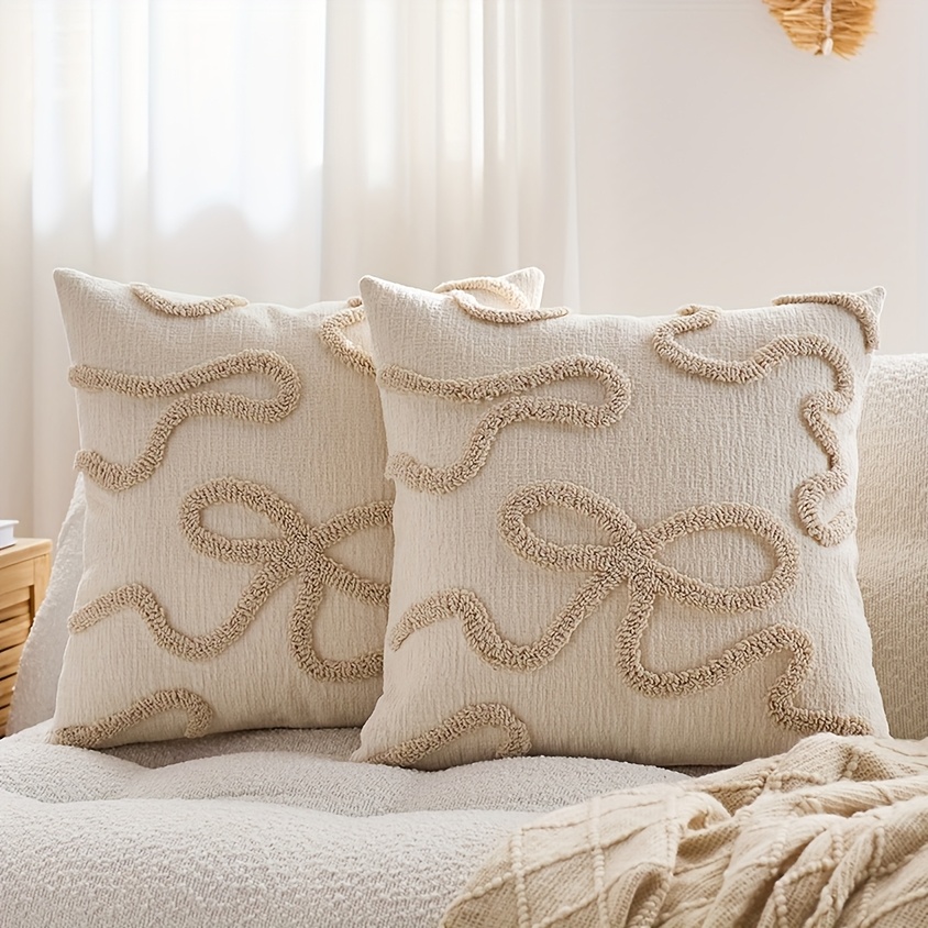 Set Of 2 Plush Bow Decorative Pillow Covers With Patterns, Suitable For Living Rooms And Bedrooms, Does Not Pillow Inserts