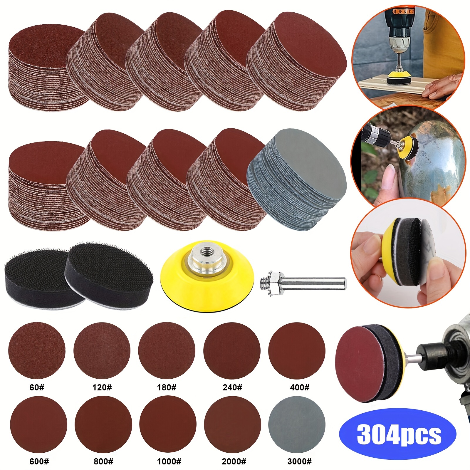 

304pcs 2 Inch Sanding Discs Set With Backing Pad And Shank, Aluminum Oxide Sandpaper For Disc Sander, Assorted 60-3000 Grit Self-adhesive Sanding Sheets For Metal And Fabric