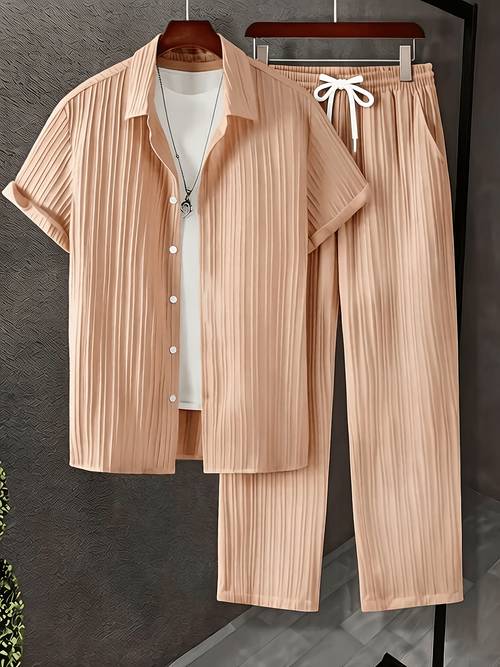 2pcs mens short sleeve button shirt with print matching drawstring pants trendy casual daily wear