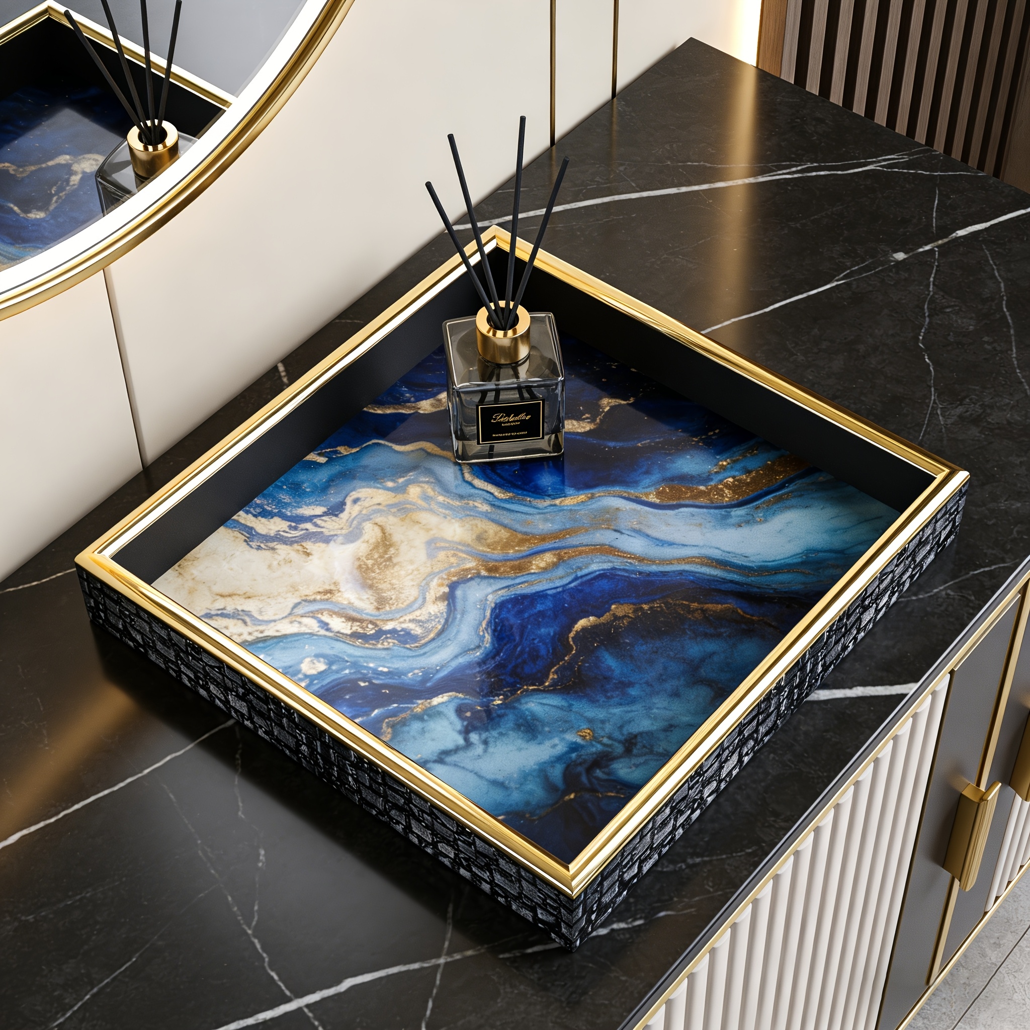 TEMU Plateau décoratif de luxe léger à motif fluide bleu et doré | Plateau de rangement à bordure noire et dorée | Plateau de luxe léger italien à