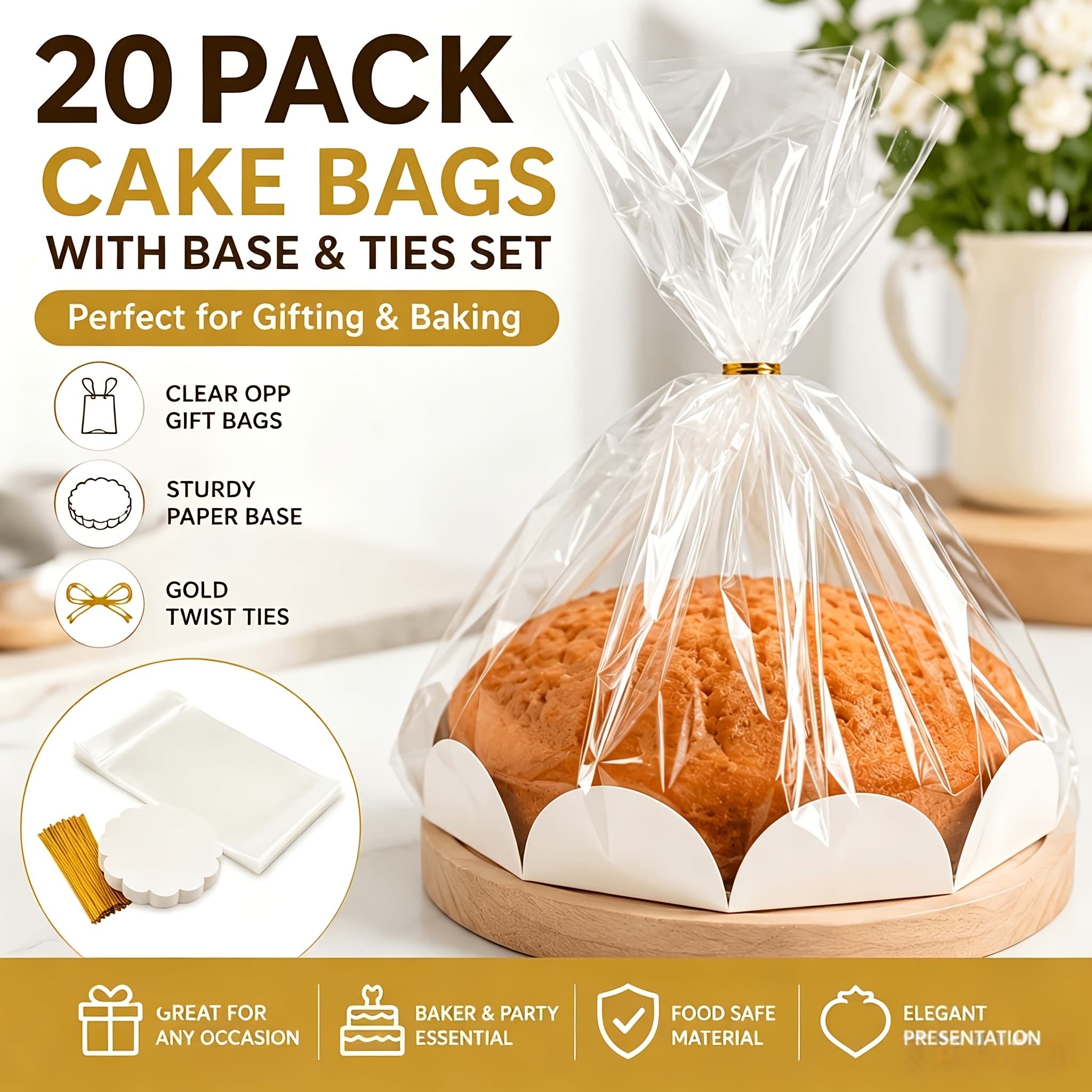 TEMU 20-set Cake Packaging Bags With Paper Base And Twist Ties, Clear Plastic Gift Bags For 8" Chiffon Cake, Bread, Home Baking, Gifting, And Party