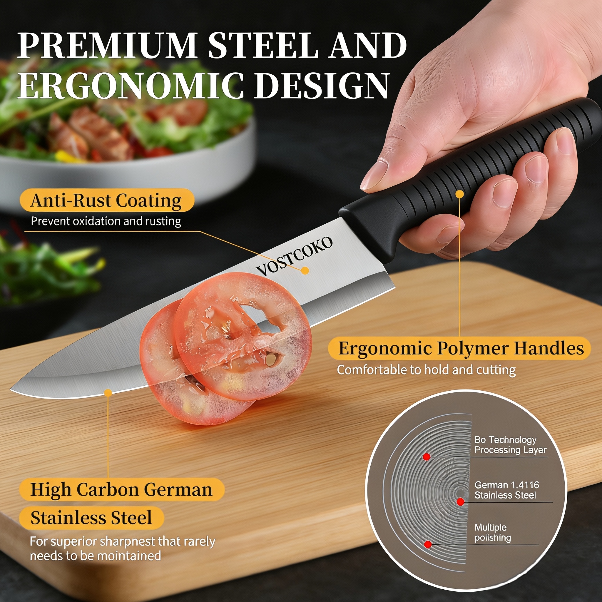 15pcs Professional Black Kitchen Knife Set, Including A Cutting Board, Chef's Knife with Non-slip ABS Handle, Plastic Cutting Board And Kitchen Scissors. Ideal for Home And Restaurant Use. A Perfect Gift for Thanksgiving, Christmas And New Year