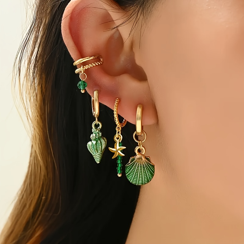 TEMU Juego de 4 piezas de puños de oreja y aretes para mujer, puños de oreja con cuentas de concha, y , aros de oreja para fiestas en , uso diario,