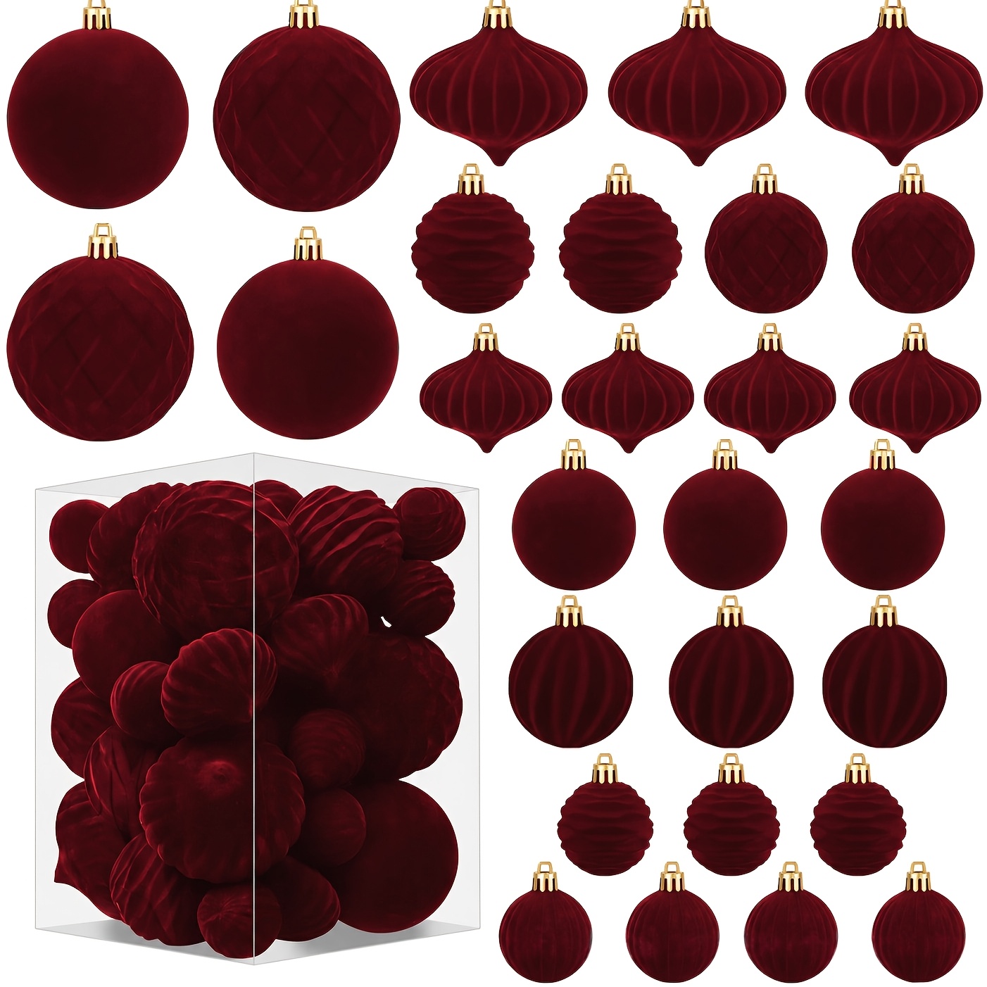 TEMU 28pcs Burgundy Flocked Velvet Christmas Baubles Suitable For Wreath, Xmas Tree Ornaments, Shatterproof Plastic With Realistic Flocking For New