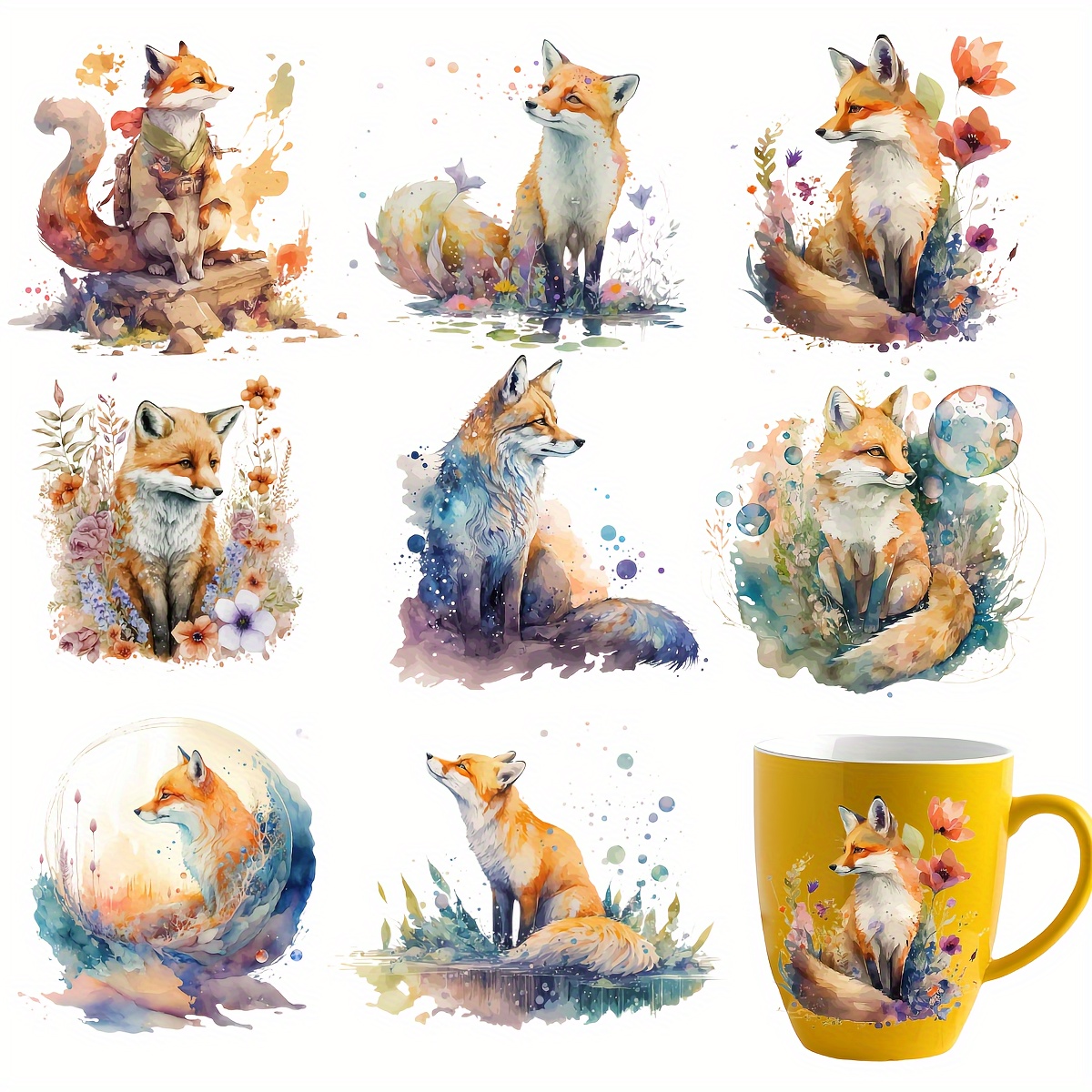 

8pcs Watercolor Fox Uv Dtf Transfer Stickers - Waterproof & -resistant, Mugs, Glassware, Phone Cases & Diy Crafts