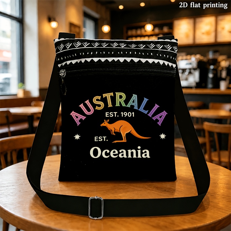 TEMU 2d Flat Crossbody Bag Suitable For Men And Women With Adjustable Straps And Zipper Closure, Colorful Australian Kangaroo Print, Ethnic Pattern