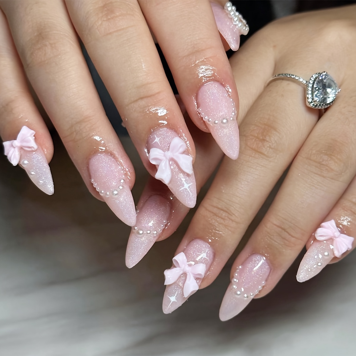 

24-piece Pink Glitter Almond Shaped Long Nail Tips With Glossy Finish, Handmade Pearl And Bow Accents, Fashionable Nail Art Set With Nail Wear Kit