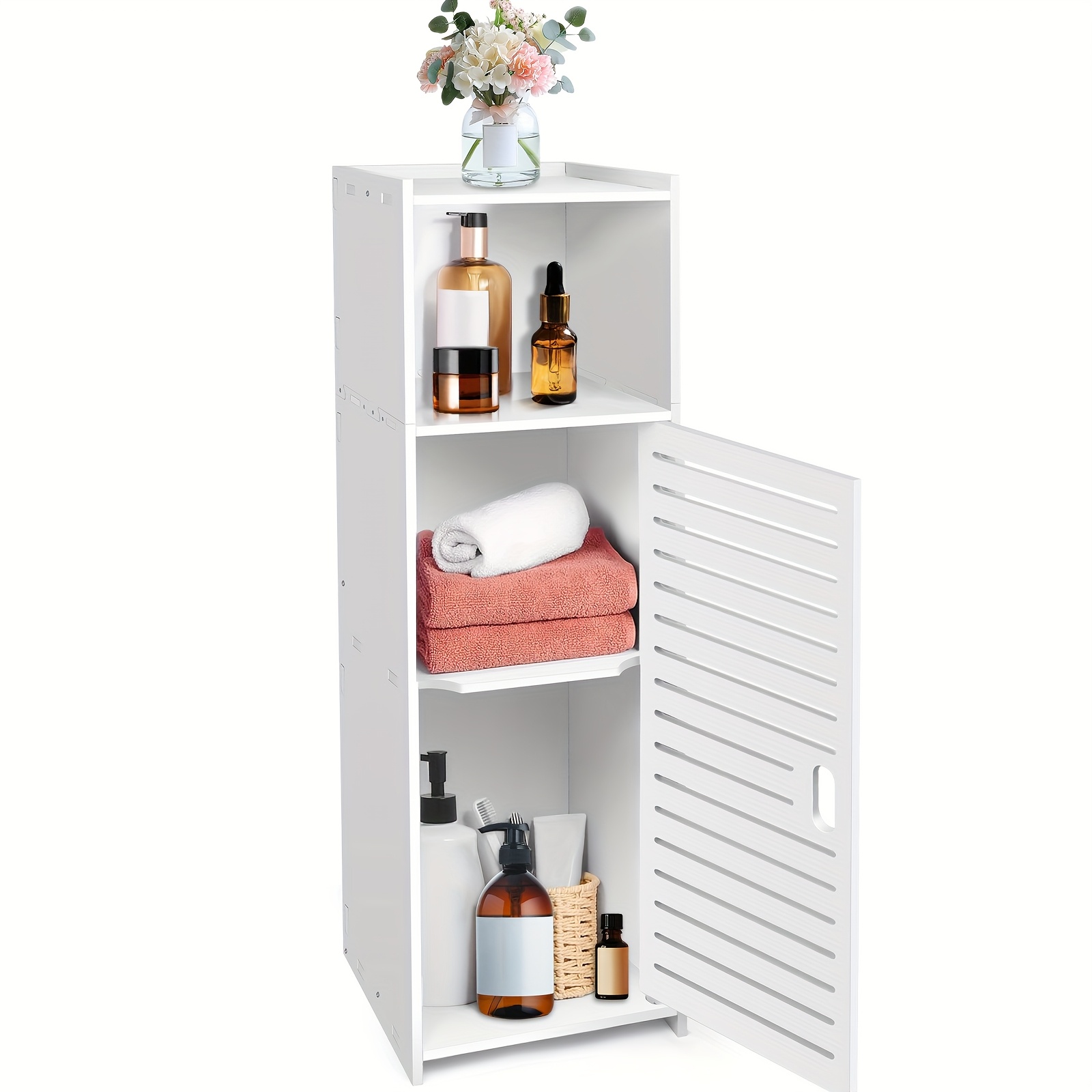 TEMU 3-tier Bathroom Storage Cabinet, White Pvc Bathroom Cabinets Floor Standing Slim Bathroom Floor Cabinet, Small Bathroom Cupboard Storage Display