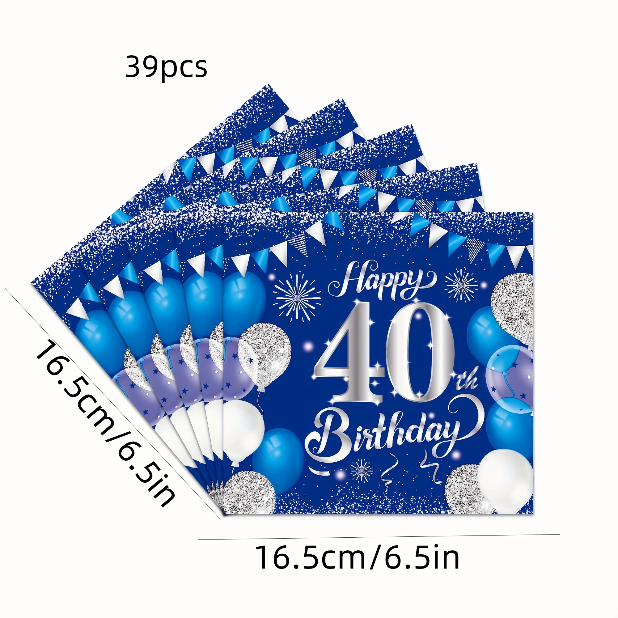 Image of Navy Blue And Silvery Decorations For A Man's 40th Birthday, Featuring Happy 40th Birthday Napkins Measuring 6.5*6.5 Inches, Suitable For 40th Anniversary Party Supplies With 39pcs