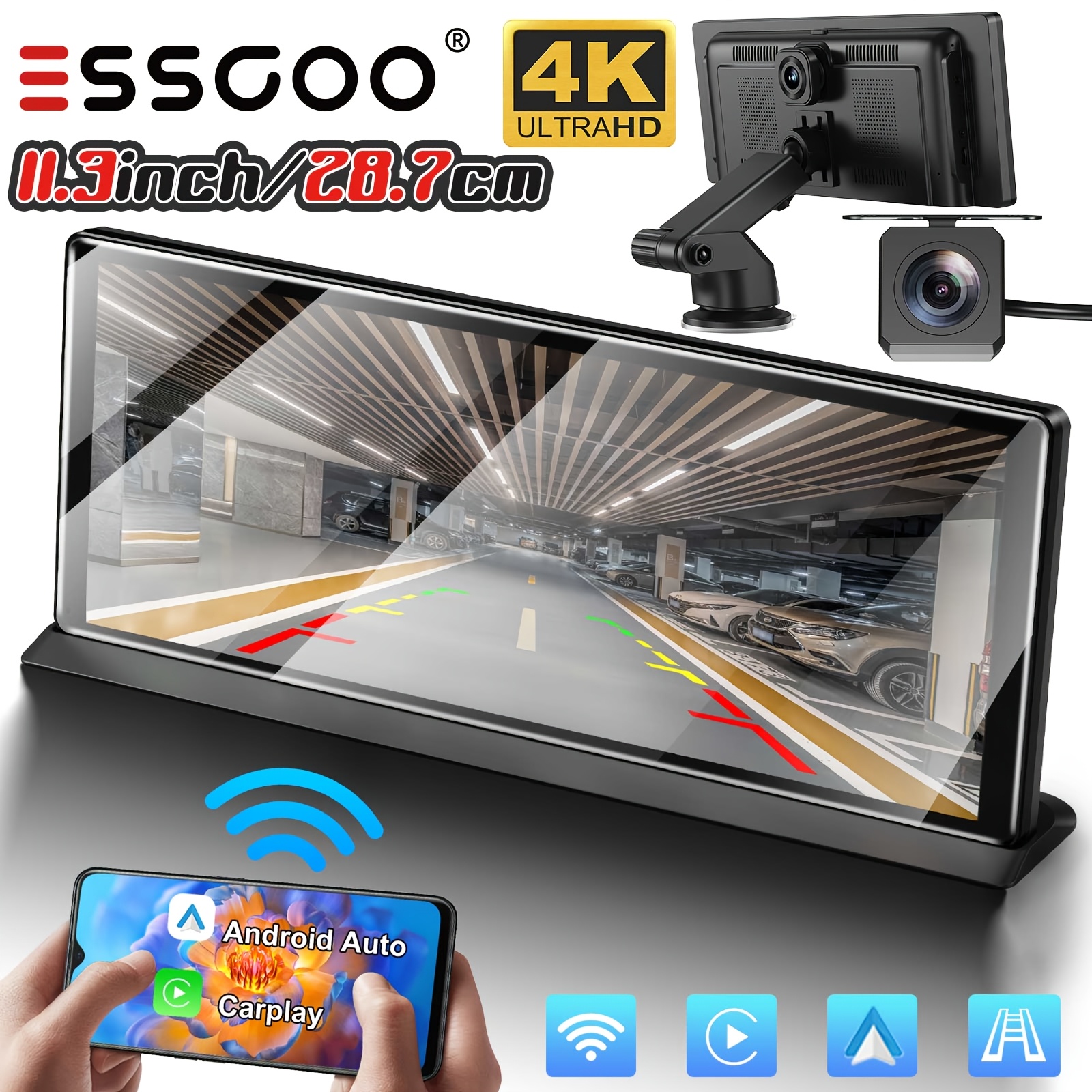 TEMU Autoradio portable ESSGOO 11,3 pouces avec Carplay fil 5.0 et Auto | Inclut une caméra de de bord 4K et une caméra de recul 1080P | Offre un