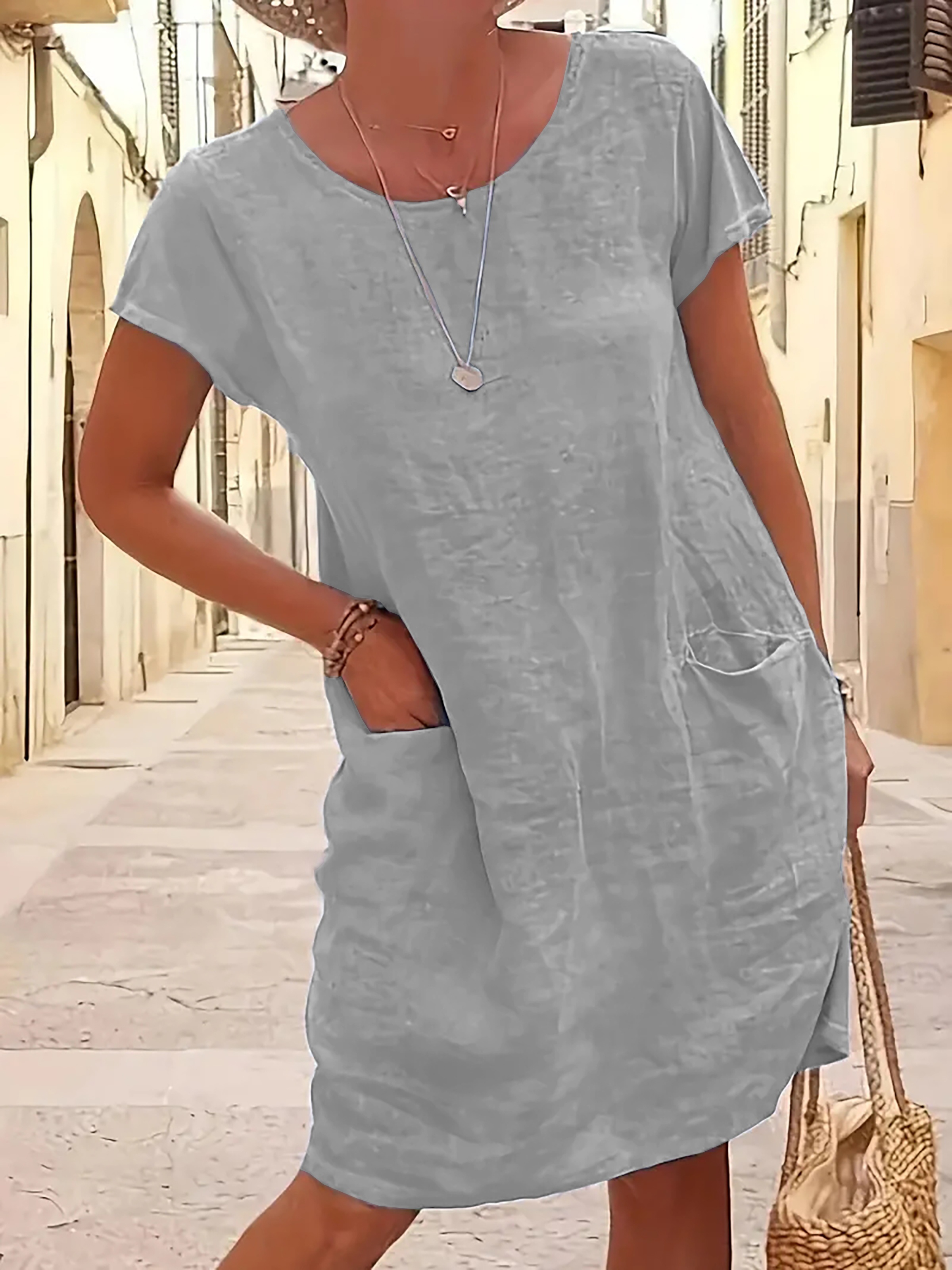 Womens Summer Cotton Linen Dress Ladies Plain Short Sleeve Casual Pocket  Dresses