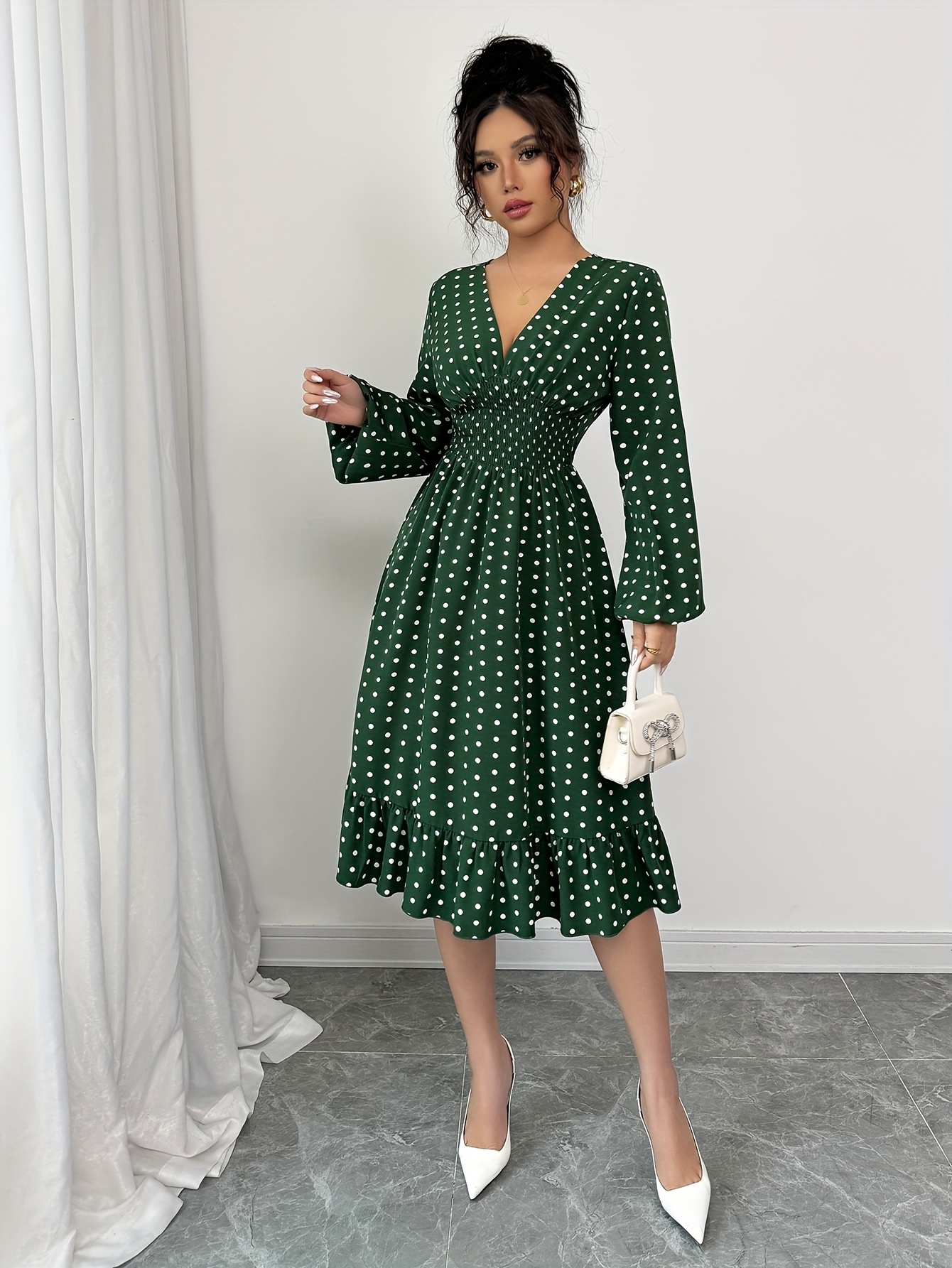 womens polka dot waist cinching v neck fashionable elegant - Temu Germany