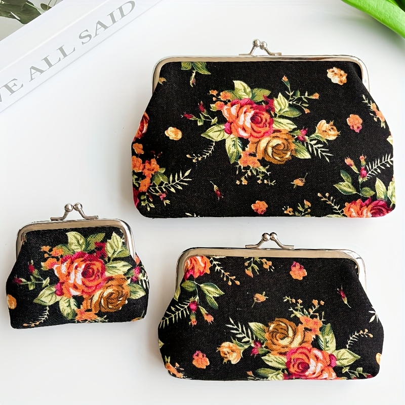 Image of 3pcs Wallet, Fabric Coin Purse With Rose Print, Storage Bag Can Hold Cosmetics, Change, And Bank Cards, Headphone Bag, Daily Use Handbag