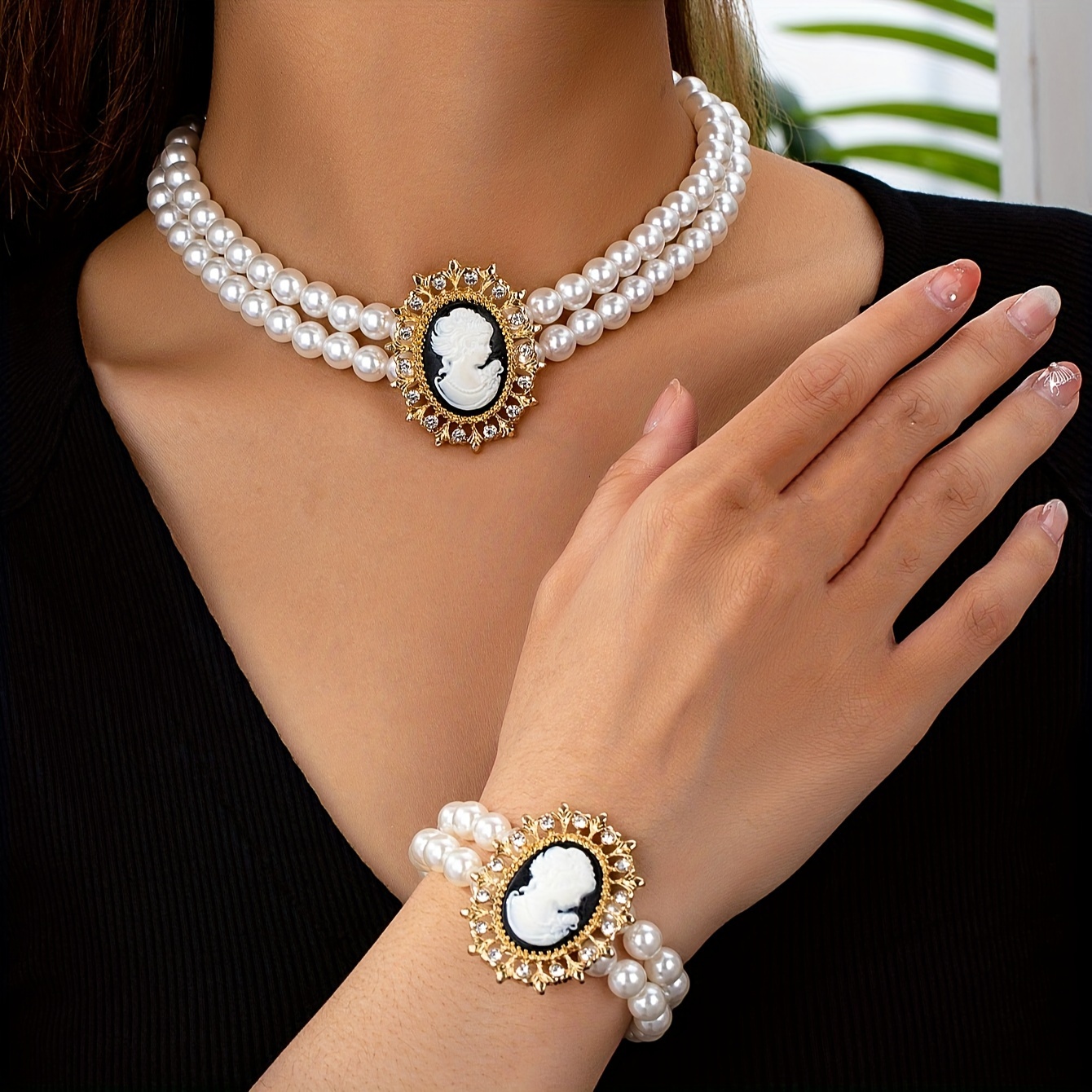 

1 Set Of Elegant Pearl Necklace Bracelet Set With Embossed And Rhinestone Decoration, , Fashion Accessories For Women In All