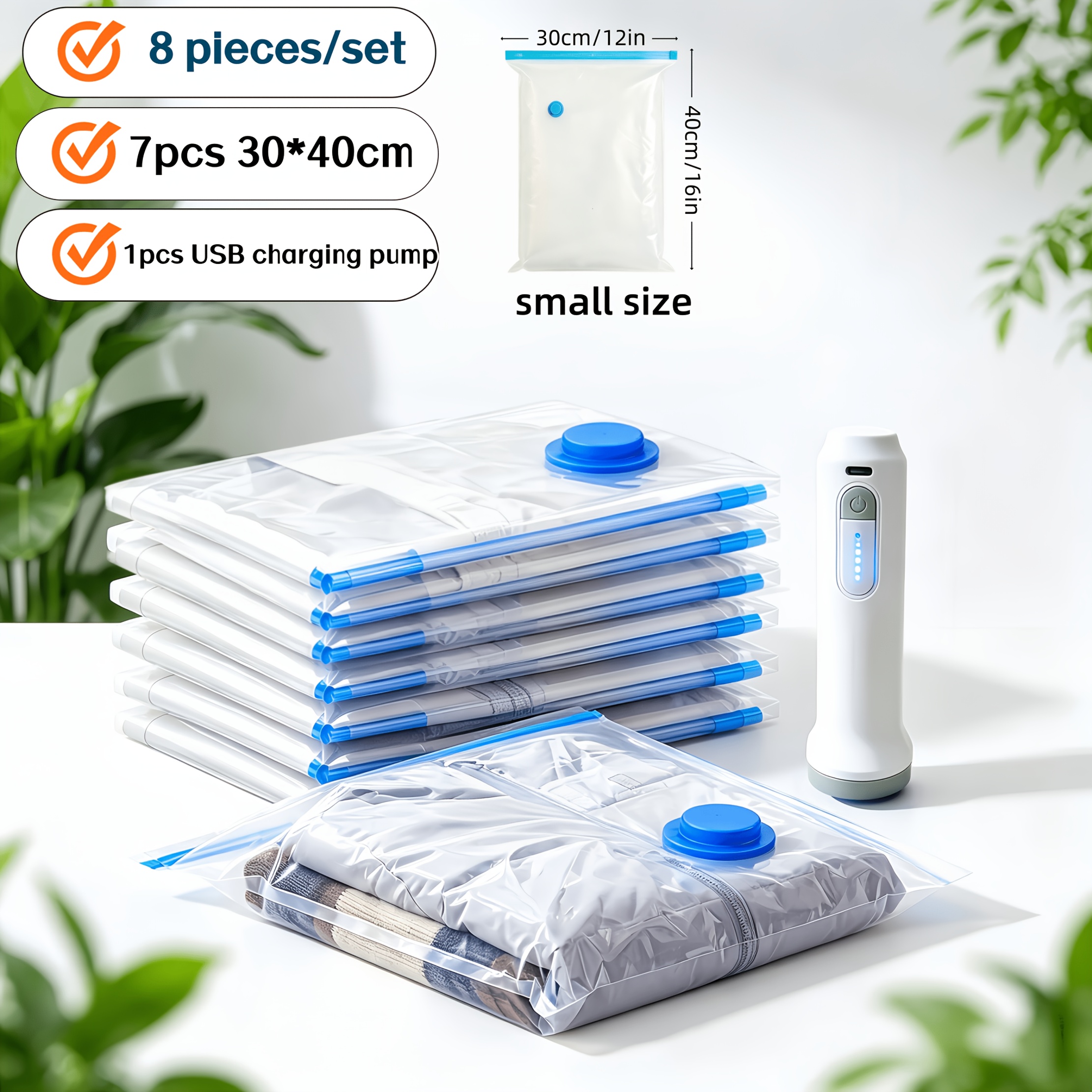 TEMU 8pcs/set Vacuum Storage Compression Bag Set And Rechargeable Handheld Electric Vacuum Pump, Reusable Vacuum Sealing Bags For Clothes, Blankets,